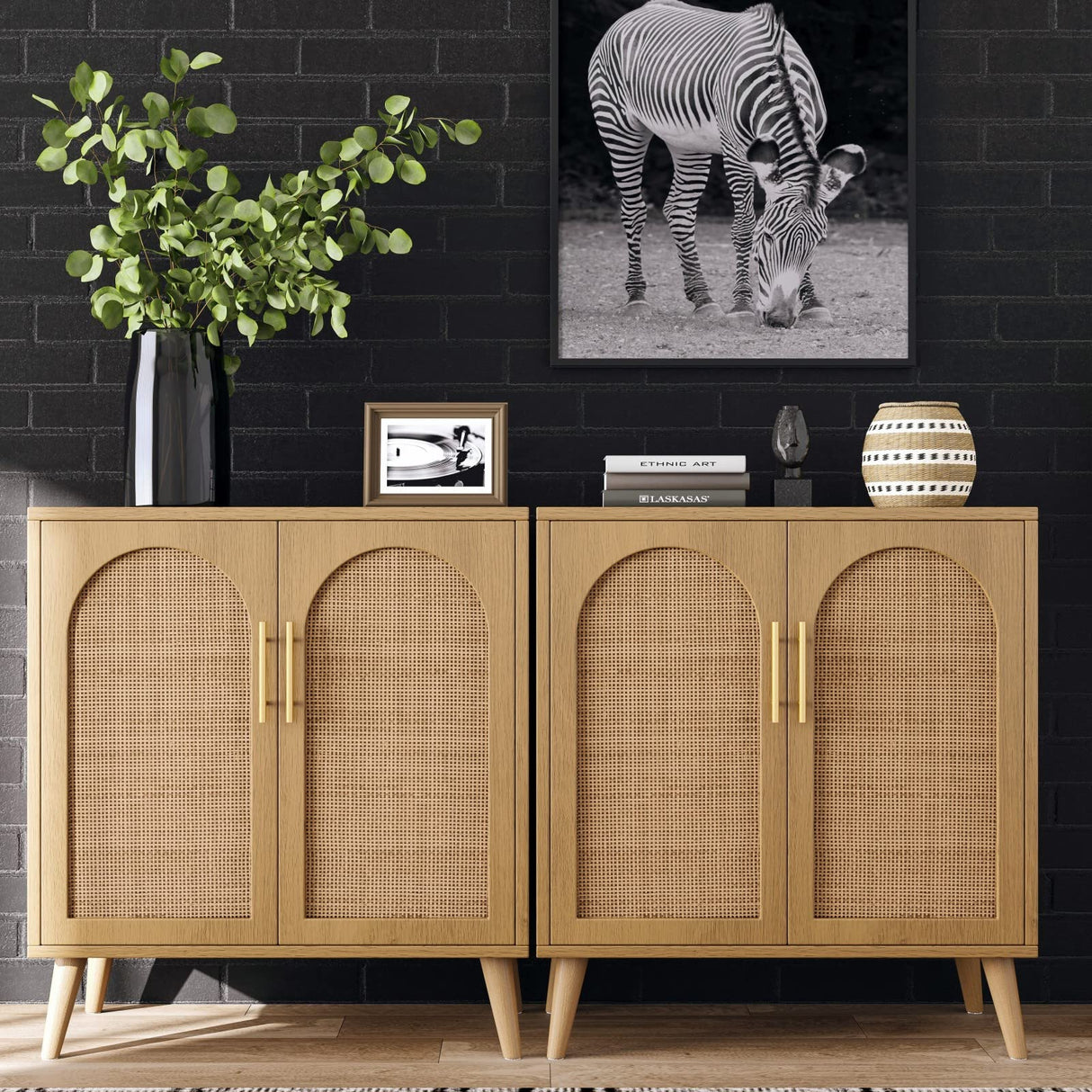 Rovaurx Rattan Storage Cabinet with Doors, Accent Bathroom Floor Cabinet, Modern Sideboard Buffet Cabinet for Living Room, Entryway, Dining Room and Kitchen, Natural BMGZ108M Rovaurx