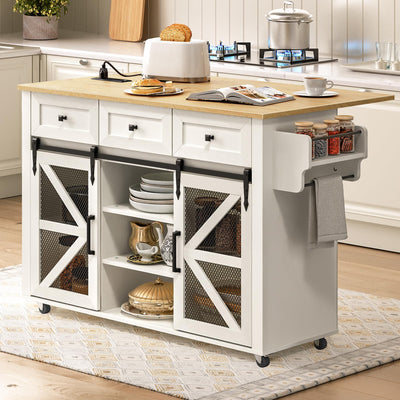 RALGEND Kitchen Island with Storage, Kitchen Cart with Charging Station, Rolling Kitchen Island Table with Drop-Leaf, 3 Drawers, Barn Doors, Towel Rack and Spice Rack, White and Natural
