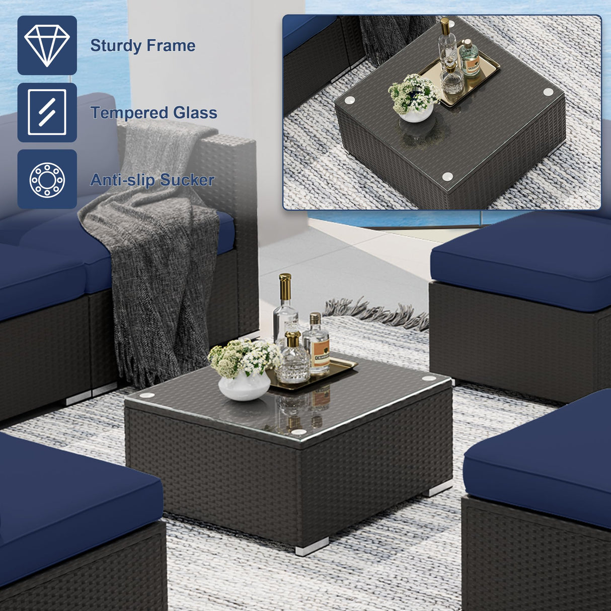 SUNCROWN 7-Piece Outdoor Patio Furniture Sofa Set All-Weather Wicker Sectional Conversation Set with Modern Glass Coffee Table and Cushions-Dark Blue SUNCROWN