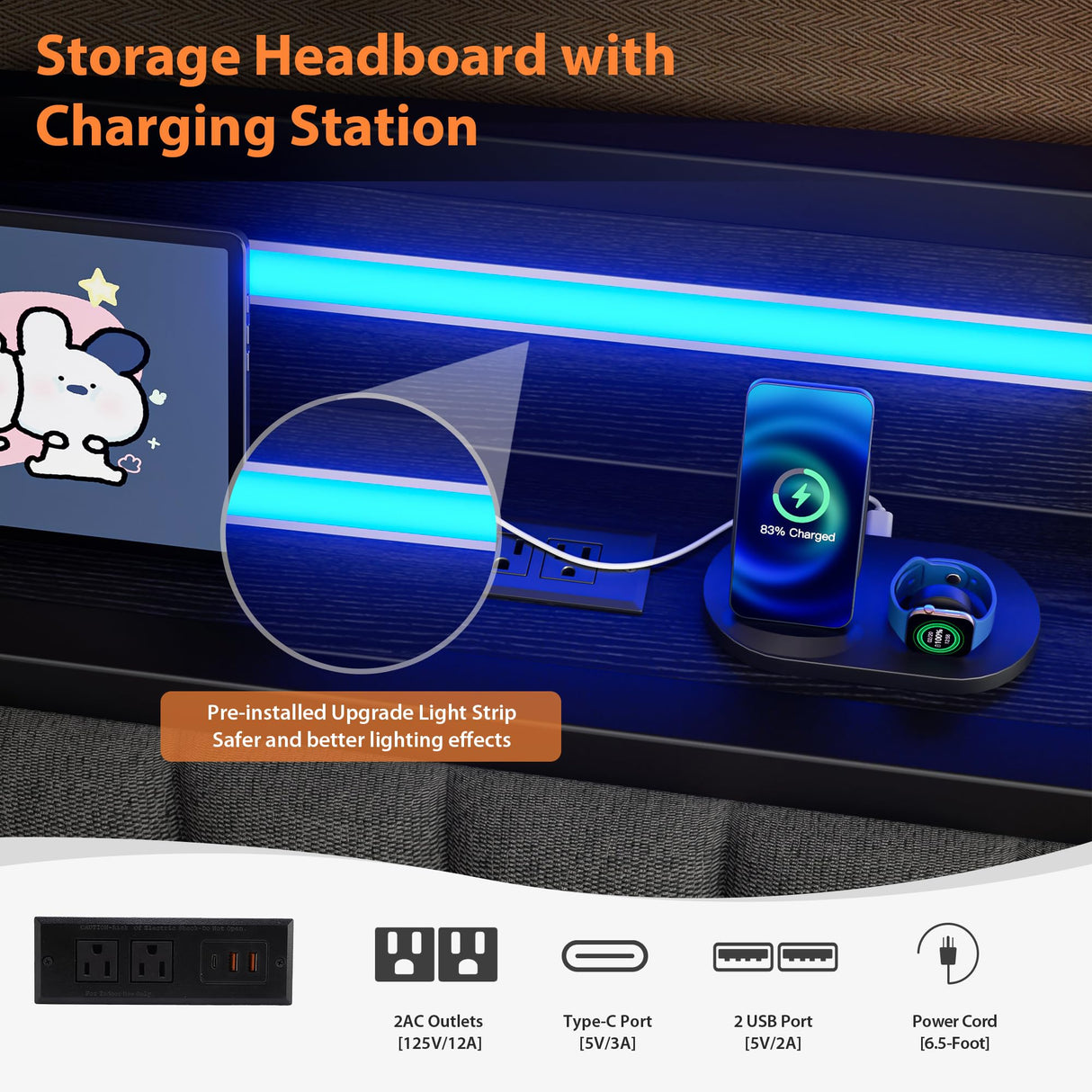 Daybed with Trundle and LED Light, Heavy Duty Metal Full Bed Frame with Upholstered Storage Headboard & Charging Station, Day Bed Pop Up Trundle Bed for Living Room,Bedroom and Guest Room, Black Jocoevol