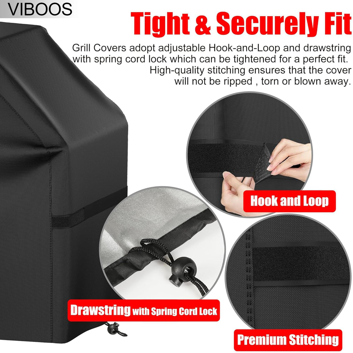 Grill Cover, 58 inch BBQ Gas Grill Cover for Outdoor Grill, Waterproof, Anti-UV, Rip-Proof, Fade Resistant Material, Barbecue Cover with Hook-and-Loop Straps & Adjustable Hem Drawstring, Black VIBOOS