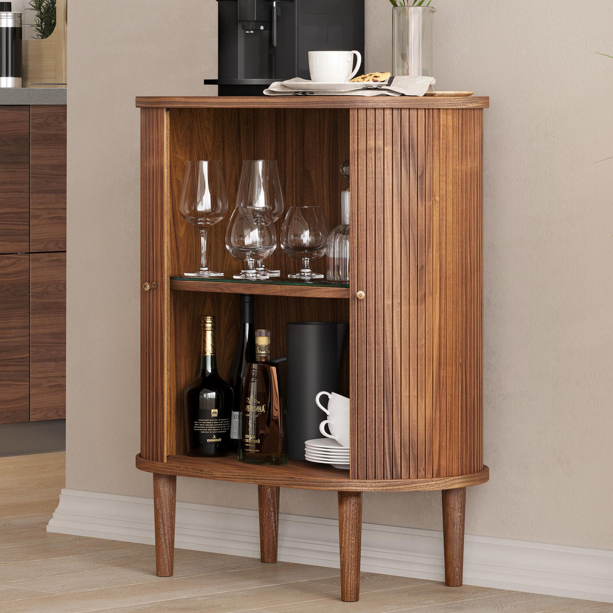 WERMO 28'' Bar Cabinet with Storage - Coffee and Wine Bar Buffet Cabinet with Sliding Doors and Adjustable Shelves. Sideboard Storage Cabinet, Dining Room Cabinet for Kitchen and Living Room (Walnut) WERMO