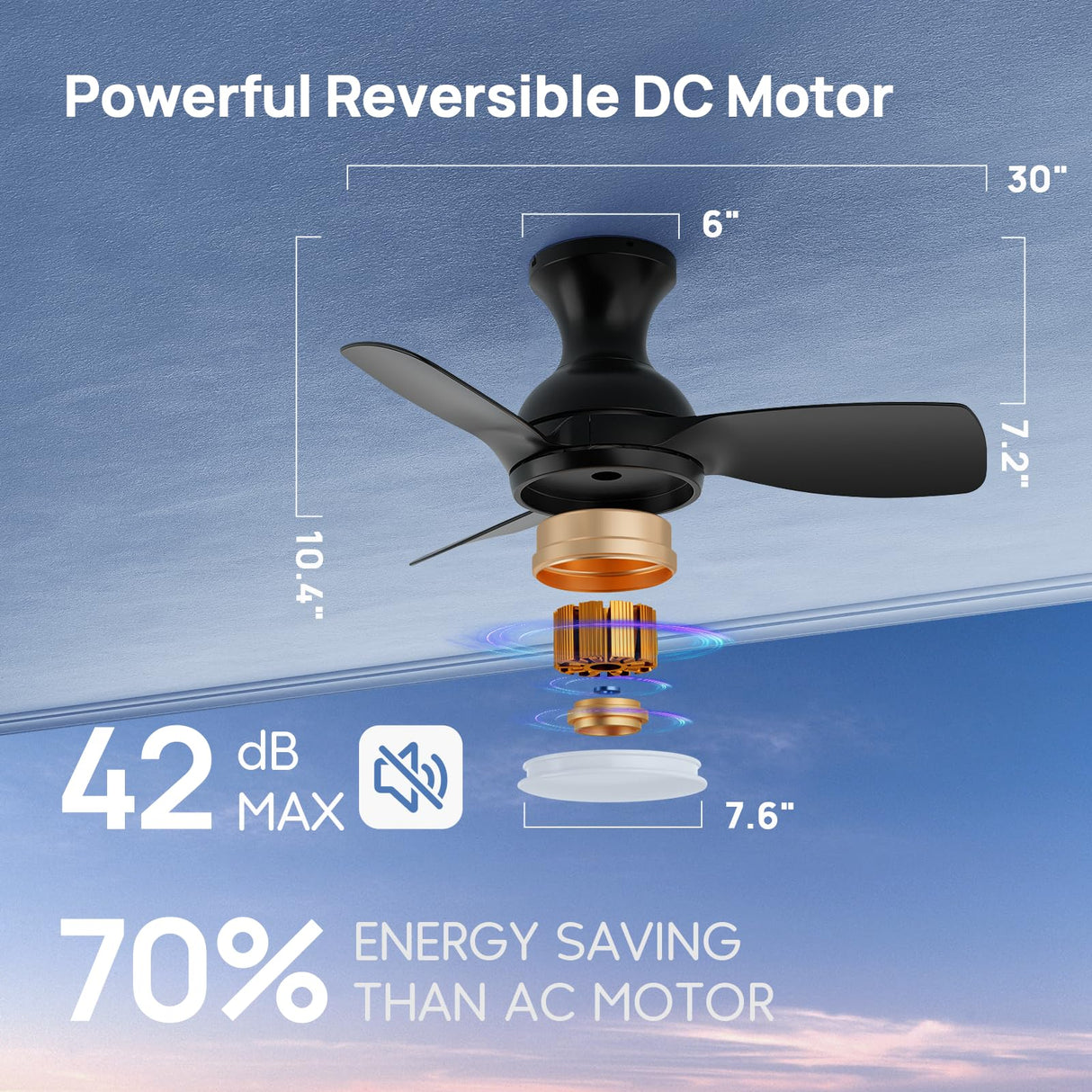 Consciot Ceiling Fan, 30 Inch Ceiling Fan With Lights Remote Control, Black Low Profile Modern Ceiling Fan, Flush Mount, Reversible Quiet DC Motor, 6 Speed, Dimmable, Kitchen Bedroom Patio Damp Rated Consciot