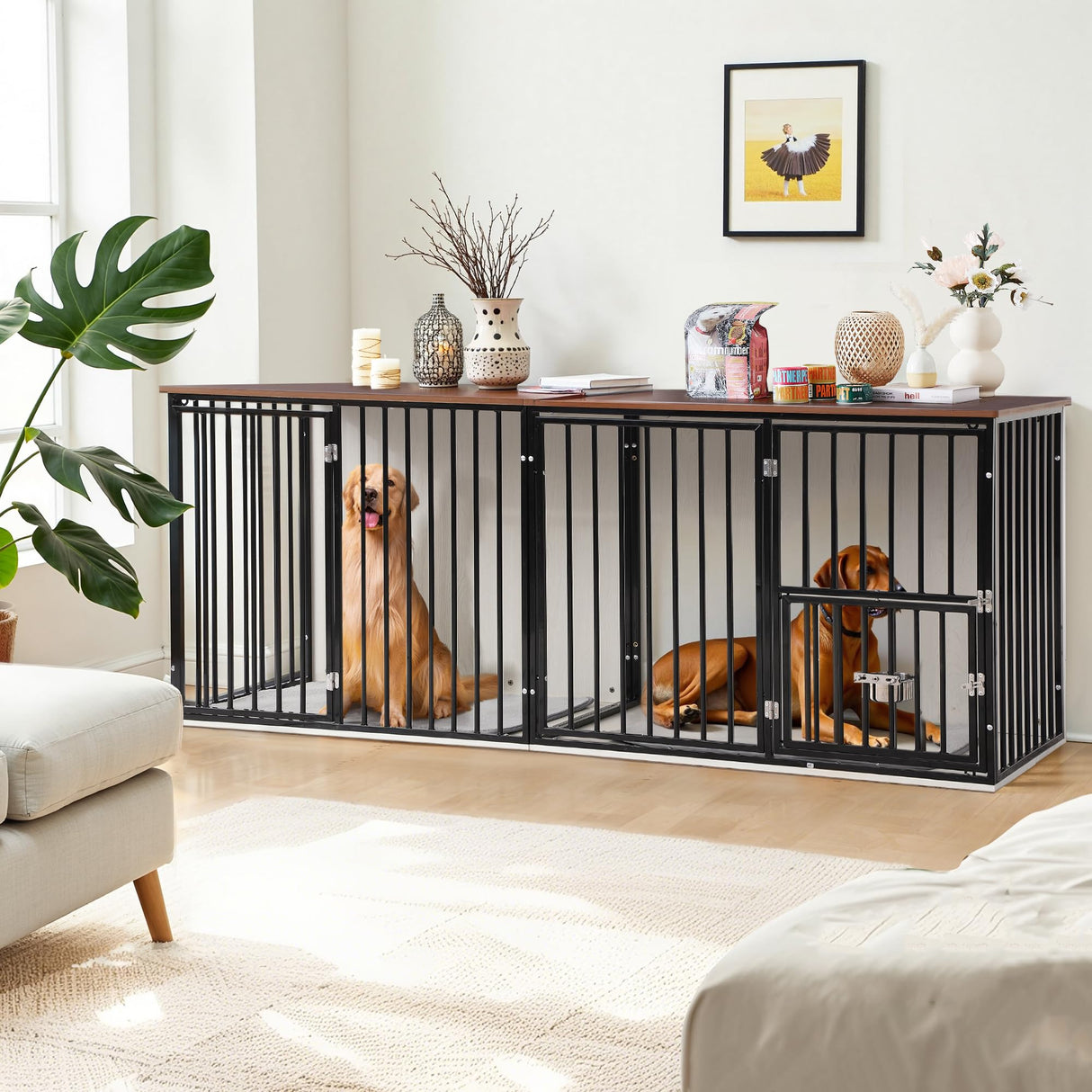 FKLUG Dog Crate Furniture for 2 Dogs, Corner Heavy Duty Double Dog Kennel Furniture with Divider, Indoor Wooden Dogs Crate Large Breed (Black) FKLUG