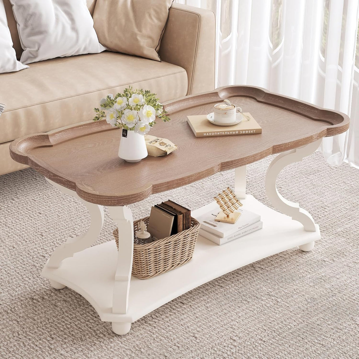 Function Home Farmhouse Coffee Table, Modern Cocktail Table with Storage Shelf, Sofa Table with Natural Tray Top and Carved Legs for Living Room, Bedroom, Dining Room in Vintage White Function Home