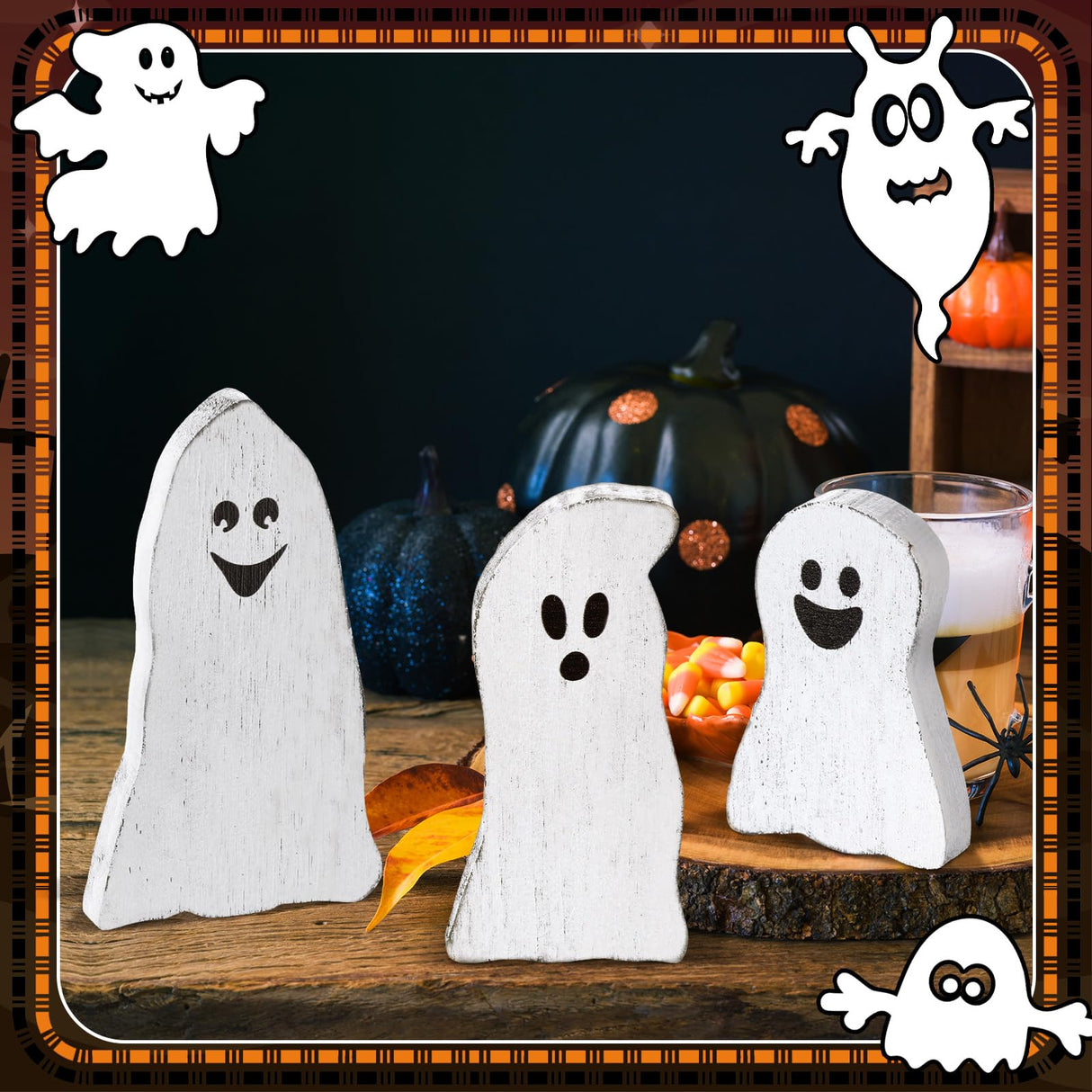Suzile 3 Pcs Halloween Decor Wooden Ghost Sign Ghost Theme Table Centerpieces Cute Ghost Tiered Tray Decorations Rustic Farmhouse Ghost Sign for Halloween Fall Party Home Shelf Photo Prop Display Suzile