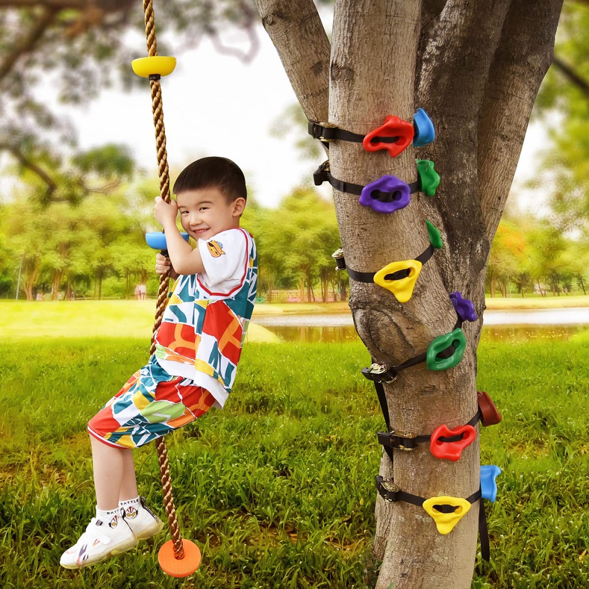 12 Ninja Tree Climbing Holds and 6.56FT Climbing Rope for Kids, Tree Climber Climbing Kit for Outdoor Ninja Warrior Obstacle Course Training TOPNEW