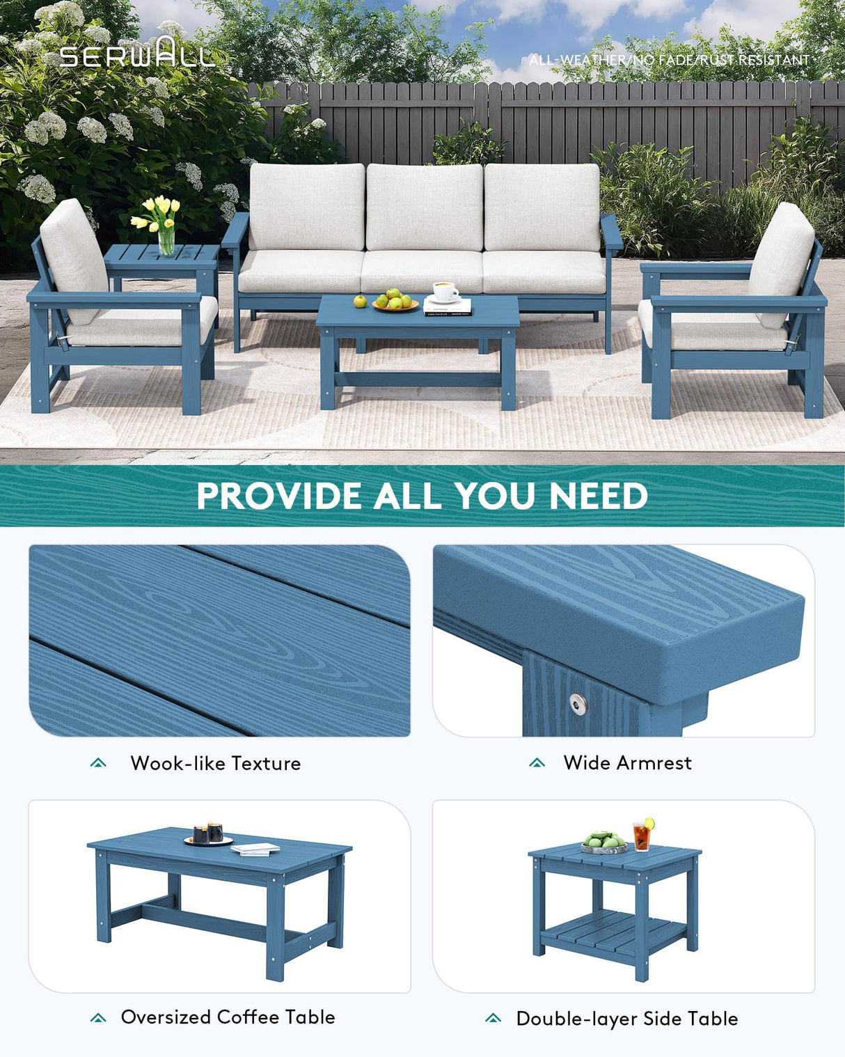 SERWALL HDPE Patio Furniture Set, 7-Piece Outdoor Sectional Sofa Set, All Weather Outdoor Couch Set for Deck, Lawn, Blue Frame with Grey Cushion SERWALL