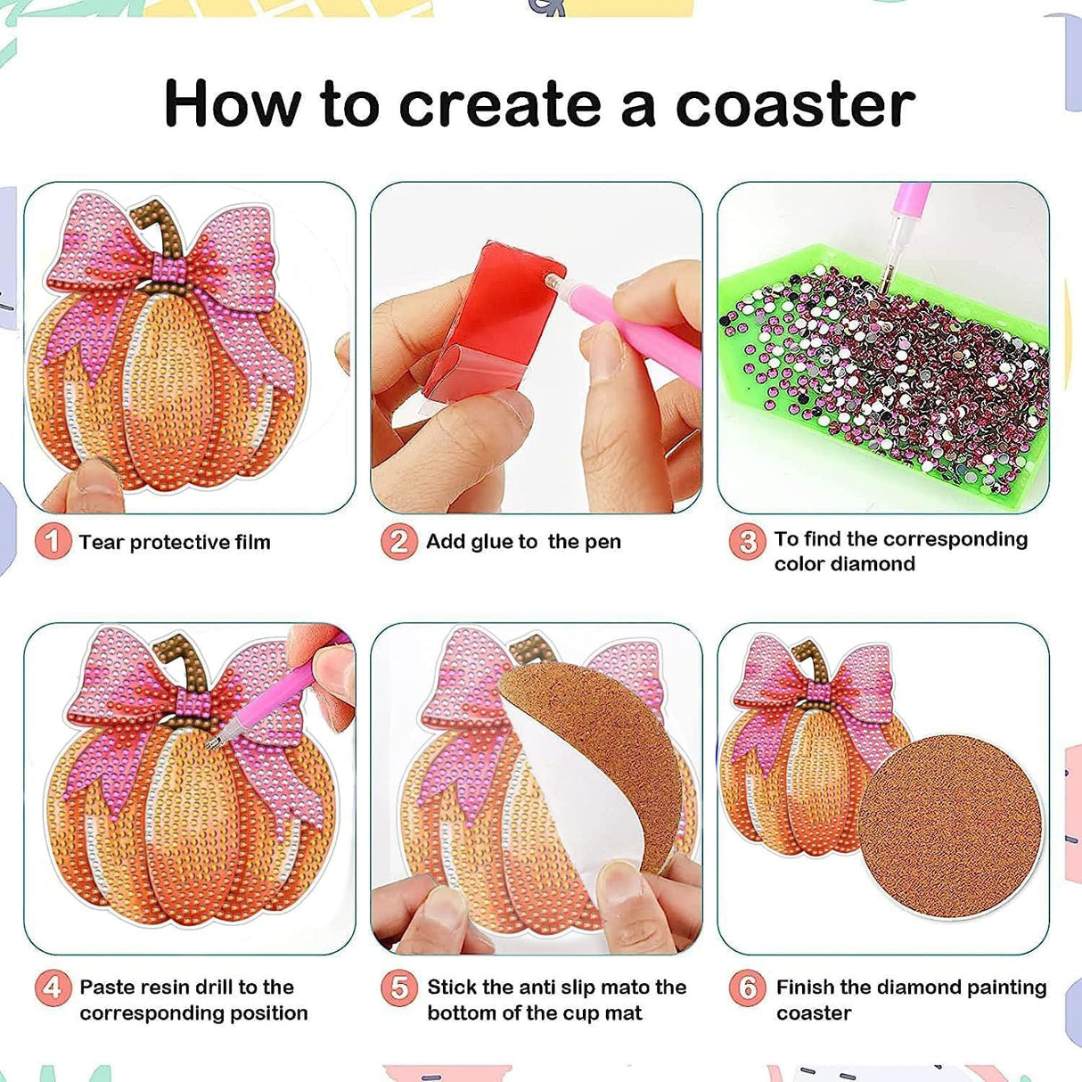 8 Pcs DIY Diamond Art Painting Fashion Pumpkins Coasters with Holder, Diamond Craft Supplies Coasters for Drinks.PUM14 YIMORE