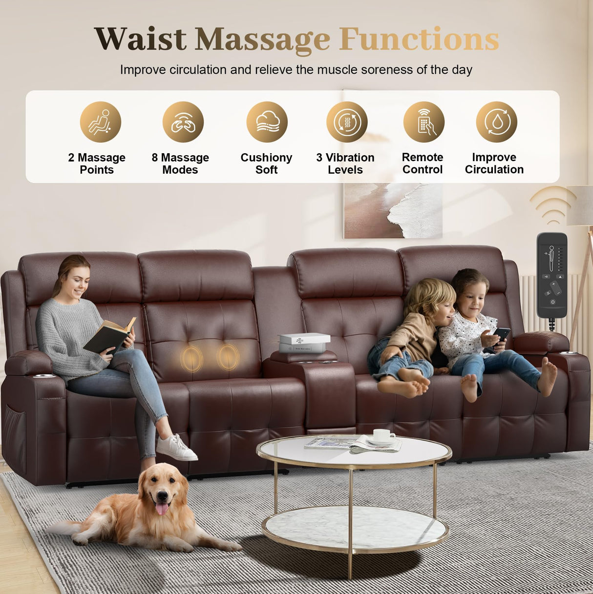 Recliner Sofa, 4 Seater Massage Reclining Loveseat Sofa Sets, 2 Single Power Recliner Chairs Heat & Massage, Heavy Weight Capacity, RV Clearance Love Seat Couch with Console, USB, Type C Port Aotolo