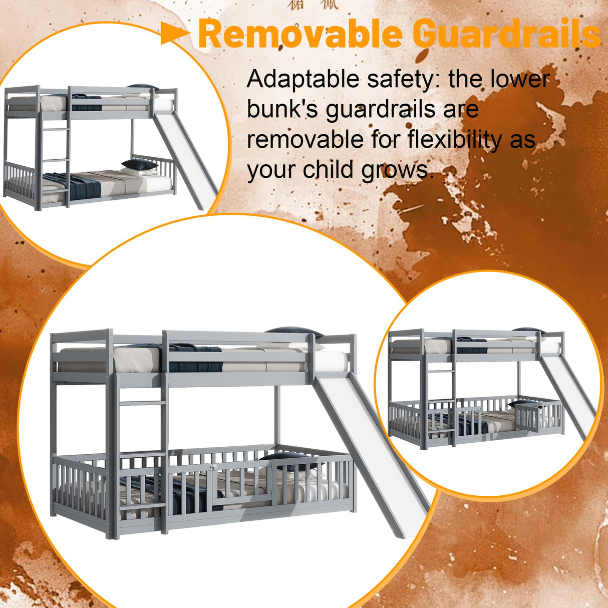 OYUMOENTS Twin Over Twin Bunk Bed with Slide, Low Bunk Bed Frame with Detachable Rails, Convertible Kids Bed with Slide and Ladder for Kids Boys Girls, Gray OYUMOENTS