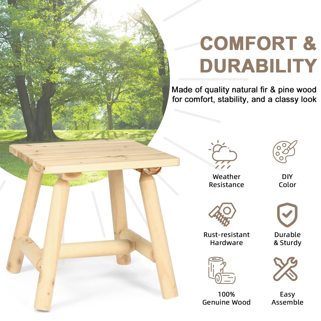 EPICOZY Outdoor Adirondack Log Side Table, 19.5" Thick Wooden Patio Square End Table with Slatted Tabletop, Solid Wood Rustic Accent Table for Indoor & Garden Deck Porch Balcony Backyard, Natural EPICOZY