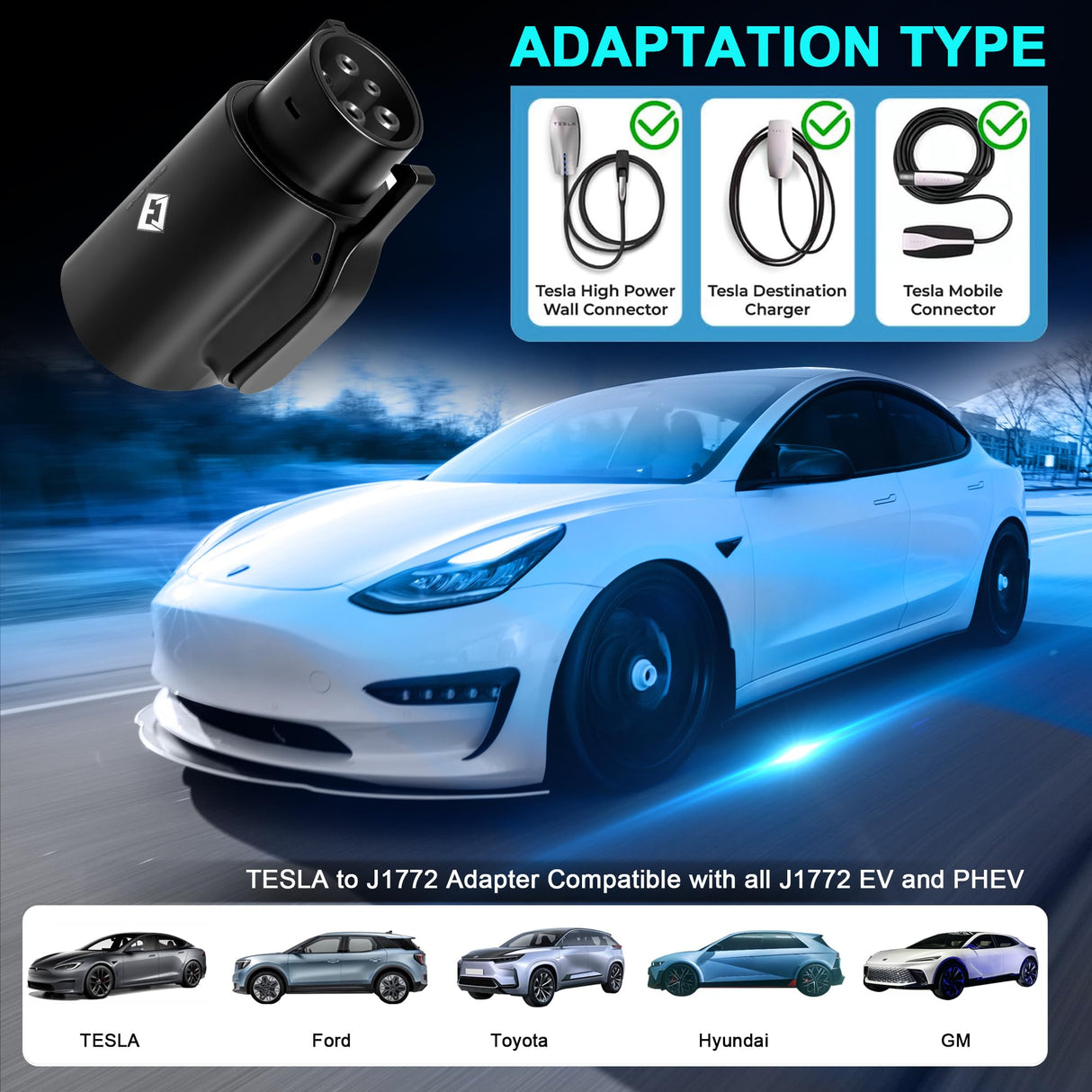 EVCUBNB Tesla to J1772 Adapter, for All J1772 EV, 80A 250V Max, Portable and Outdoor EV Adapter, for Tesla High Powered Connectors, Destination Charger, Mobile Charger, Wall Charger, (Black) EVCUBNB