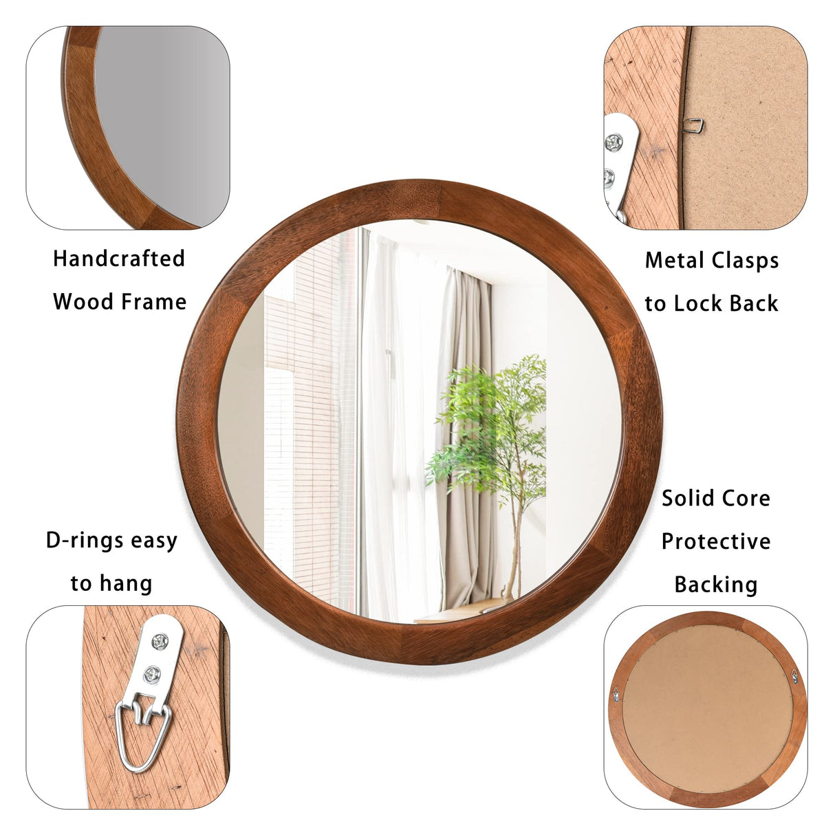 Round Mirror 36 Inch,Wood Rustic Bathroom Tempered Wall Mirror with Walnut Frame,Farmhouse Wooden Vanity Circle Mirror for Living Room,Entryway or Bedroom(Walnut Brown) CULER