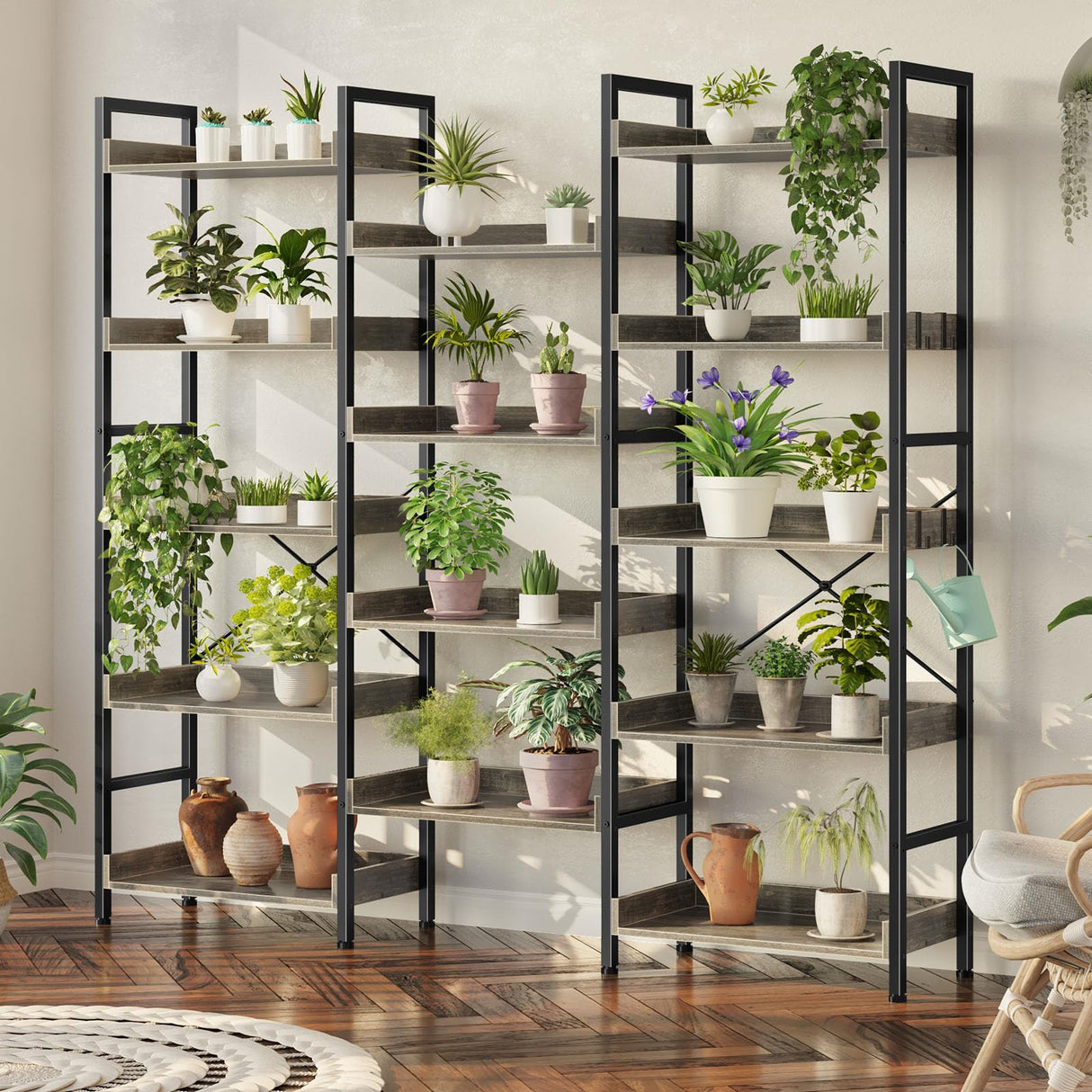 Rolanstar Bookshelf 5 Tiers, Triple Bookcase with Open Display Shelves, Industrial Wide Bookshelf with Metal Frame for Living Room, Office, Grey Rolanstar