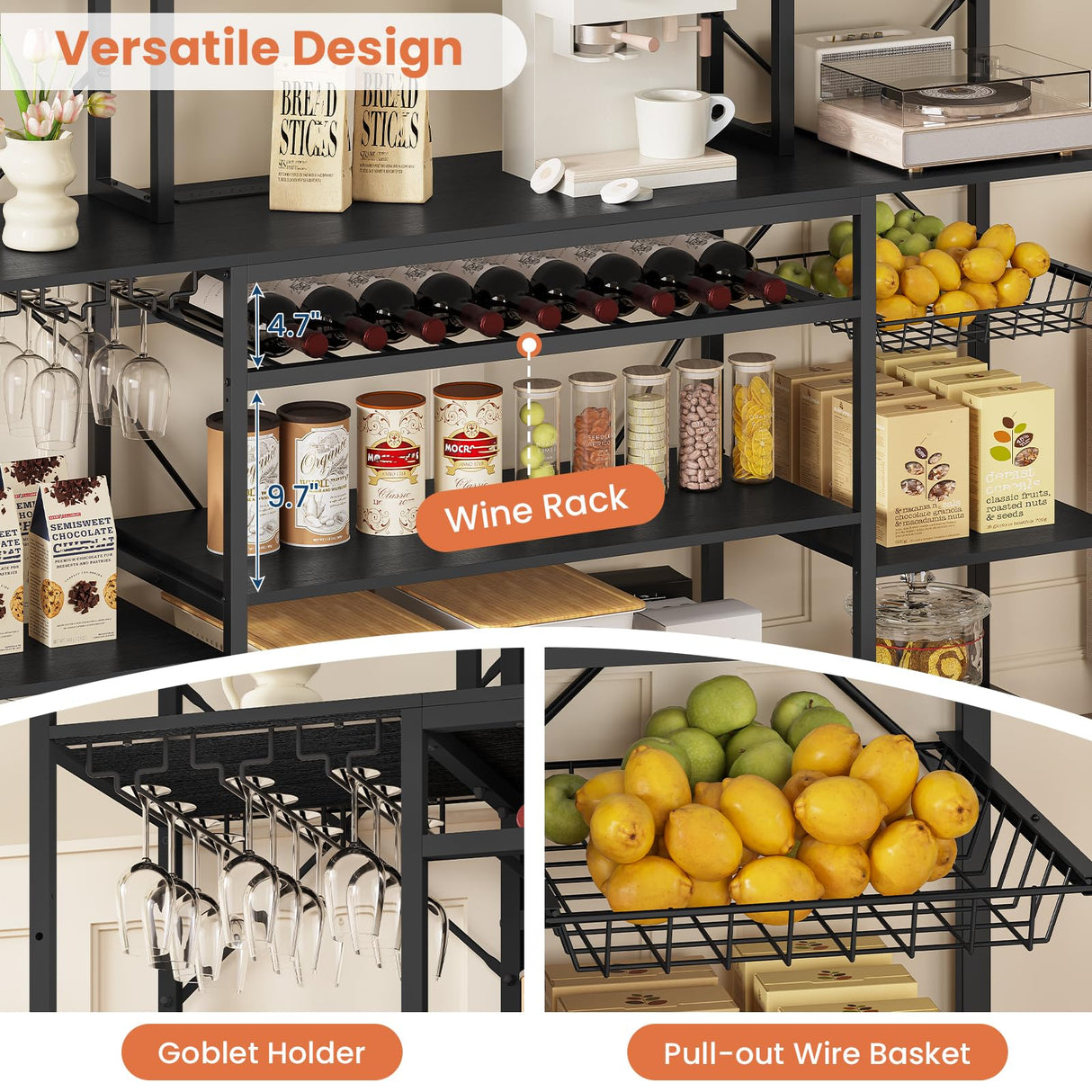 UPOSOJA Large Bakers Rack with Power Outlet, 62.4in Wide Kitchen Microwave Stand with Storage Shelves, 5-Tier Coffee Bar, Wine Rack, Goblet Holder, 8 Hooks, Wire Basket(Black, Large) UPOSOJA