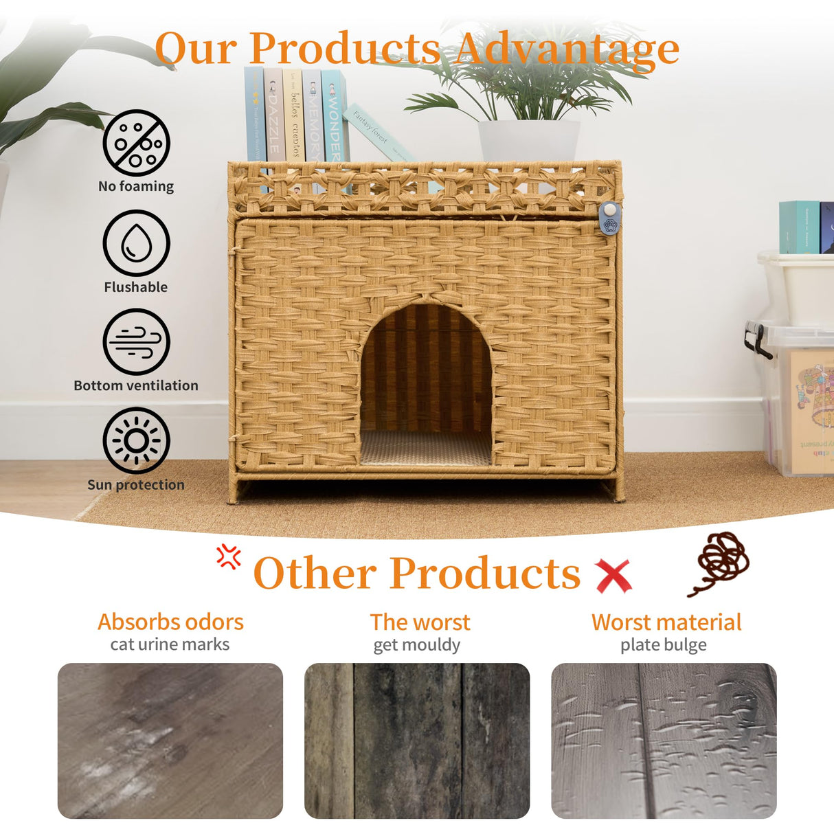 Yilucess Litter Box Enclosure Furniture Hidden with Cat Scratch Pad,Handwoven Rattan Cat House with Large Space,Suitable for Living Room,Bedroom,Corner (Grass Yellow) Yilucess