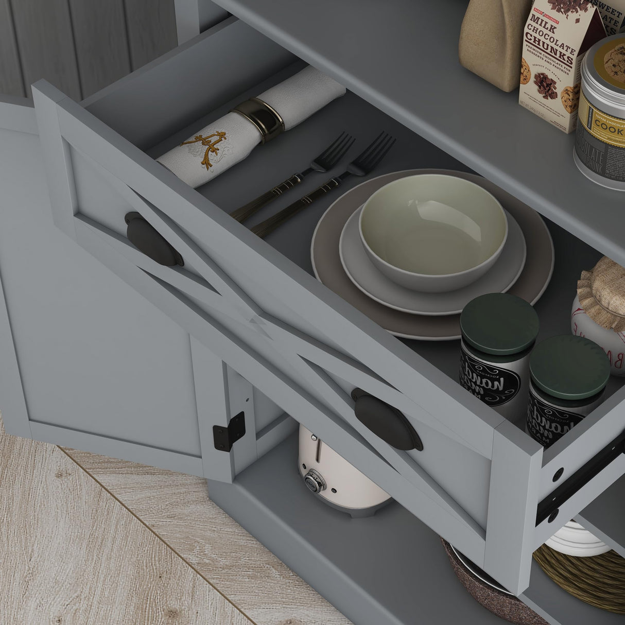 HOMCOM 72" Kitchen Pantry Storage Cabinet, Traditional Freestanding Cupboard with 4 Doors and 2 Adjustable Shelves, Large Central Drawer, X-Frame, Gray HOMCOM