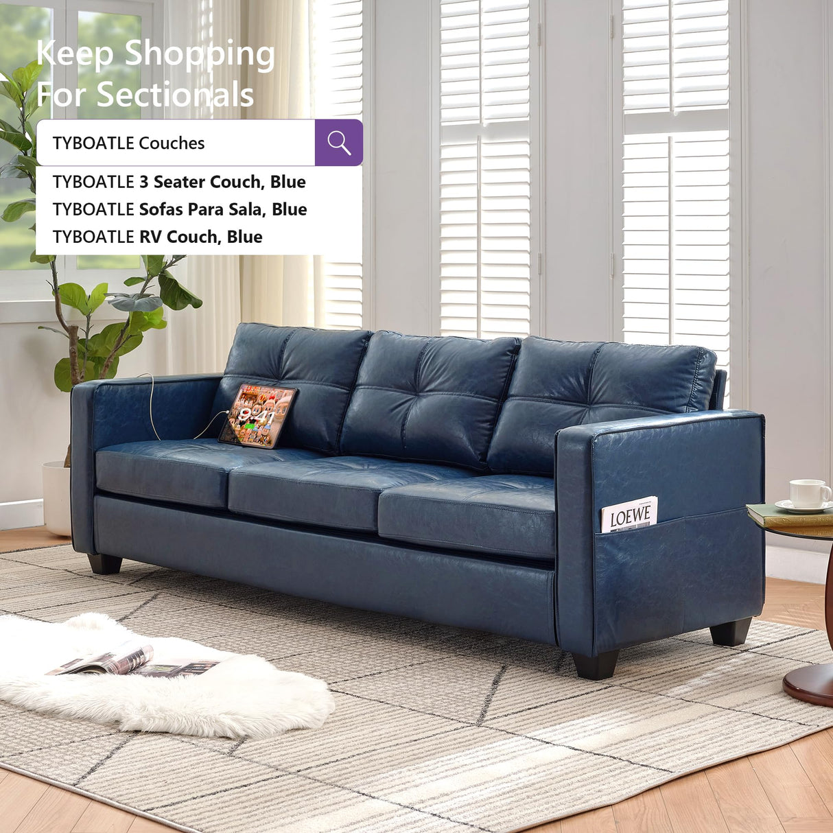 TYBOATLE 88" W Faux Leather Couch w/Side Pockets, Mid-Century Modern Tufted Comfy Leather Couches w/USB and Wider Arms, 3 Seater Sofa for Office, Apartment, Bedroom, Blue (Blue, 3 Seater) TYBOATLE