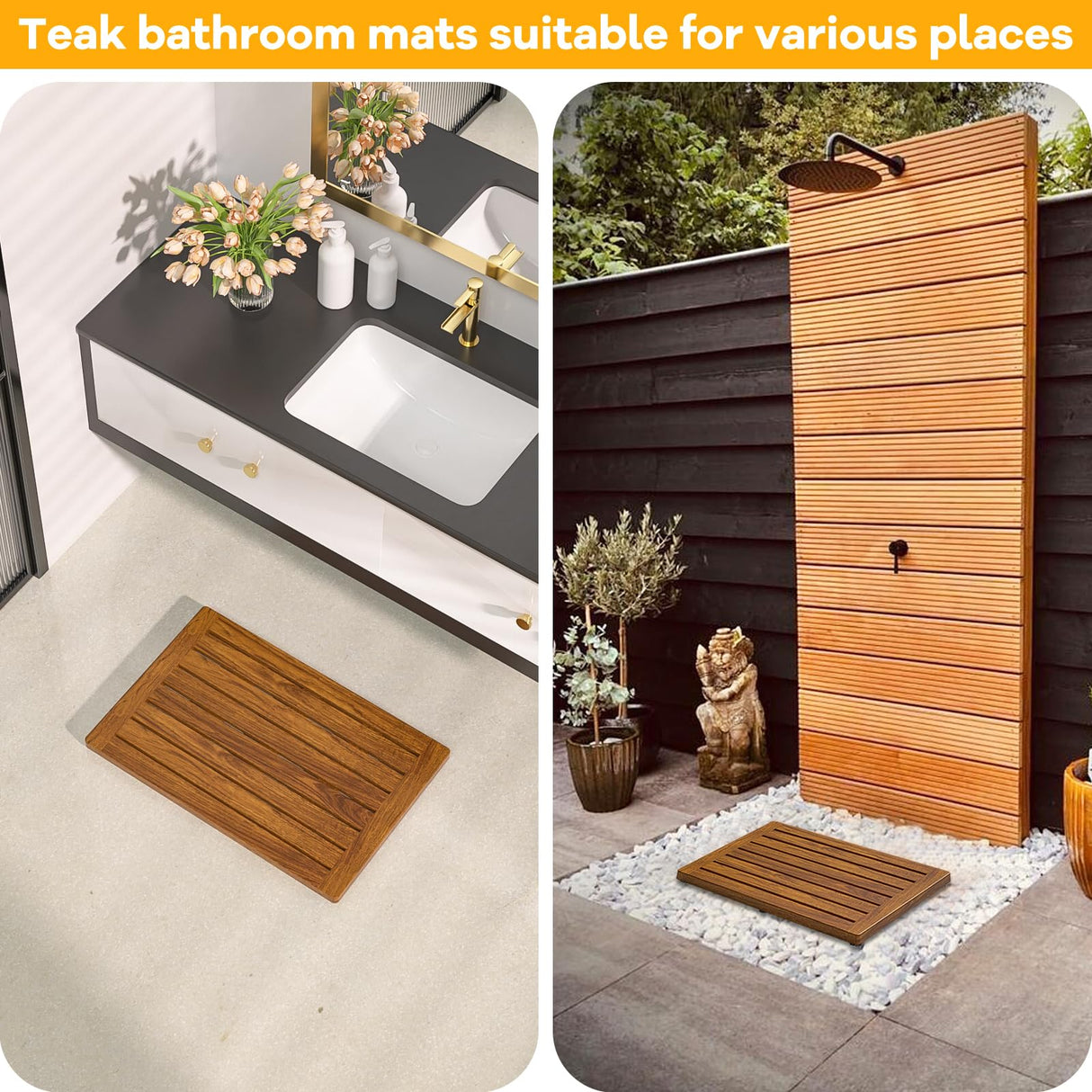Teak Shower Mat, 21"x14" Wood Bath Mat Non-Slip Bathroom Mat Teak Bath Mats for Bathroom, Wooden Floor Mat Bathroom Mat for Inside, Outdoor or Spa(Small) Kiasthome