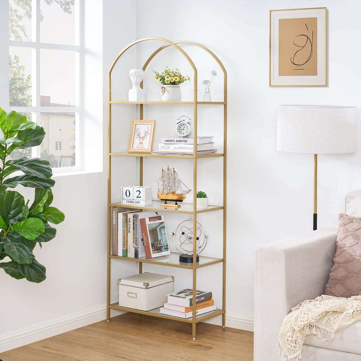 Homhedy Bookshelf Arched Display Racks,Metal Bookcase,Tempered Glass Shelves,Storage Rack Shelf for Home Office,Living Room,Bedroom, Bathroom,Modern Style (Golden, 11.8" D x 23.6" W x 62.2" H) Homhedy