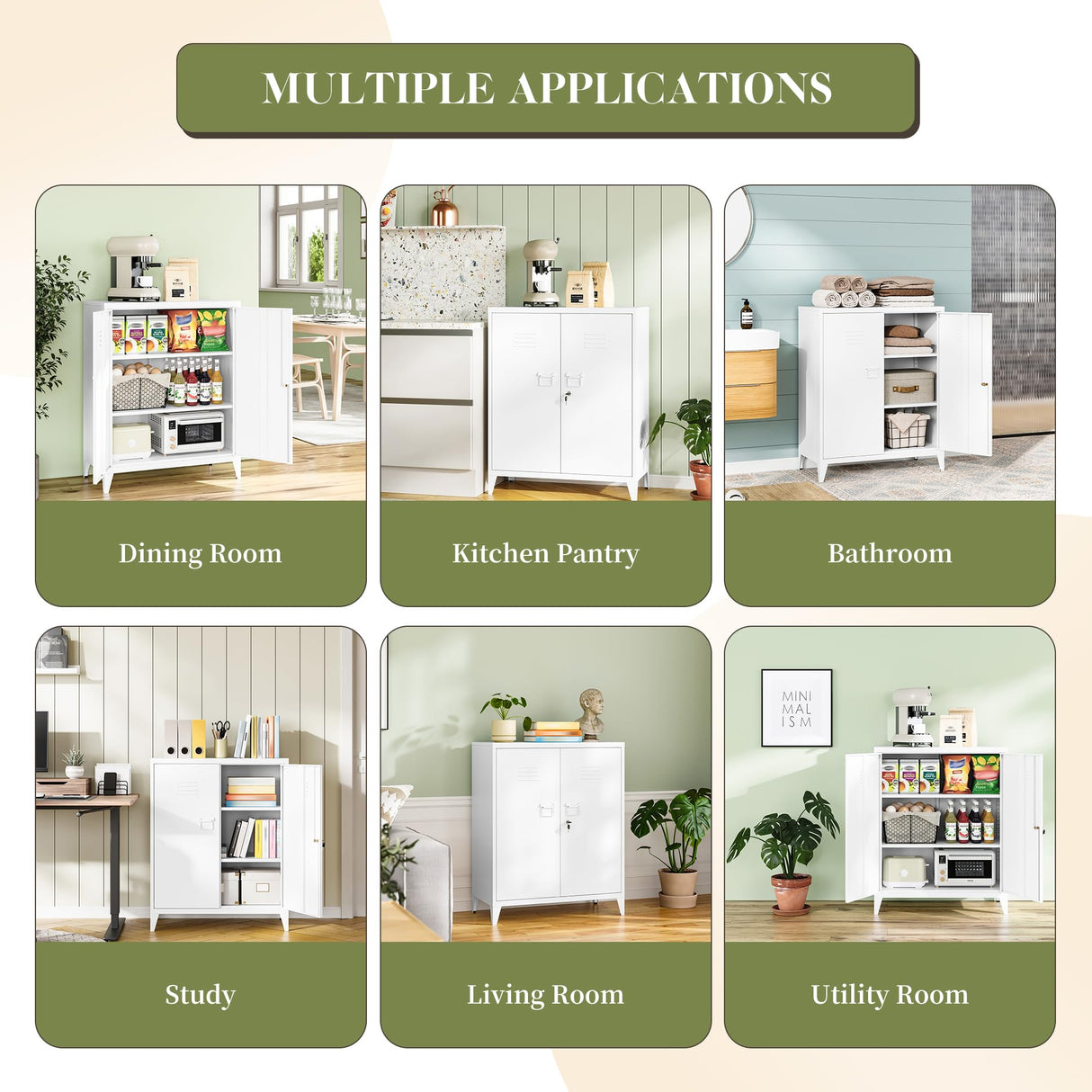 RAVIGIN Metal Storage Cabinet with Locking Feature, 2 Adjustable Shelves, 40" Small Cabinet for Home Office, School, Kitchen, Garage, Gym (White) RAVIGIN