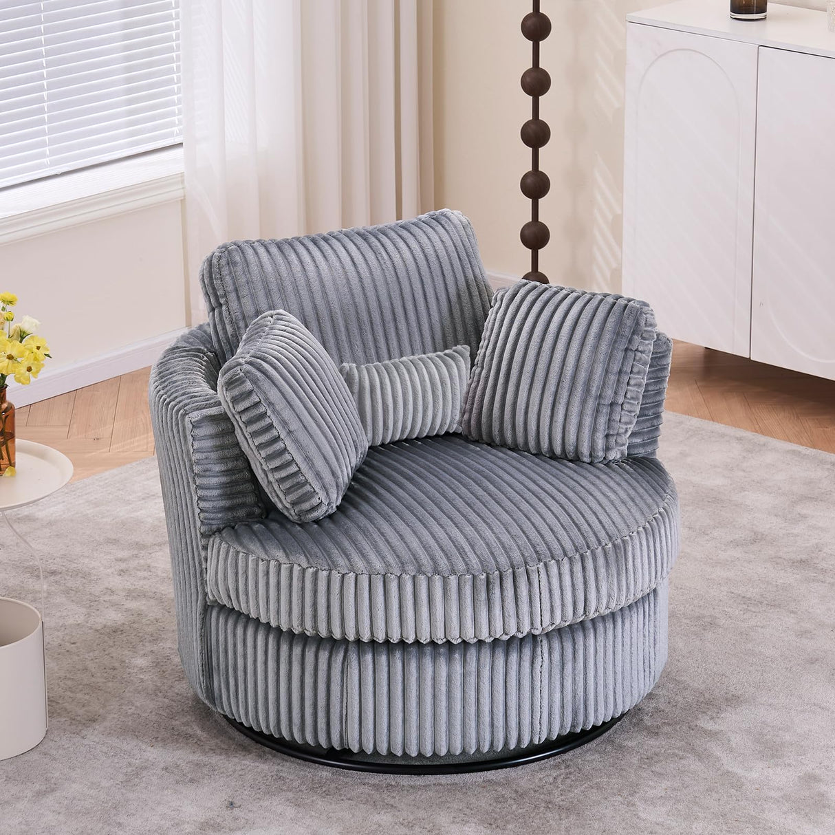 YABTOP Oversized Swivel Accent Barrel Chair with Pillows,Modern Round Plush Cuddler Reading Chair Comfy for Bedroom Living Room,Corduroy Gray YABTOP