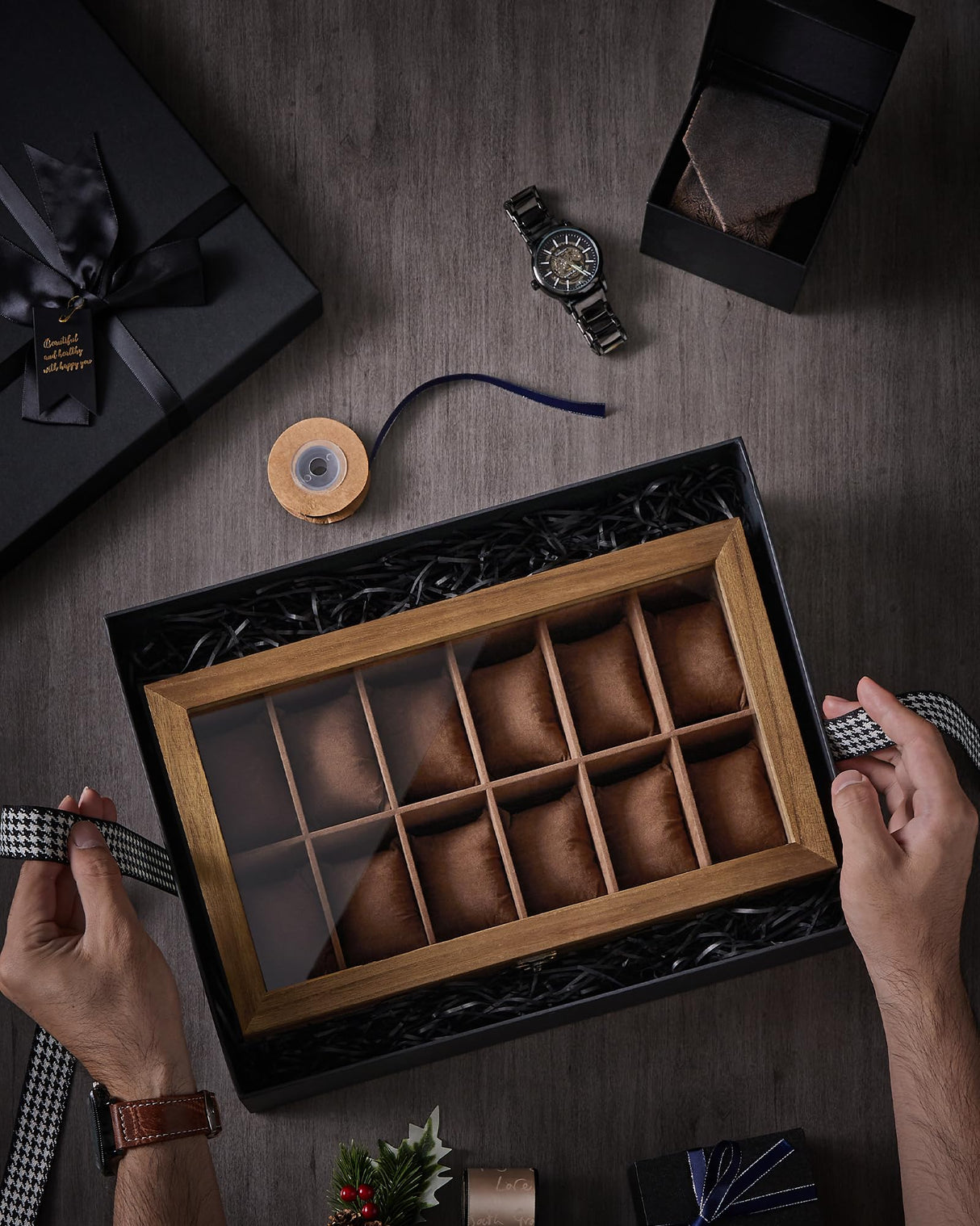 SONGMICS Watch Box with 12 Slots, Watch Case, Solid Wood Watch Box Organiser with Glass Lid, Watch Display Box with Removable Pillows, Gift Idea, SONGMICS