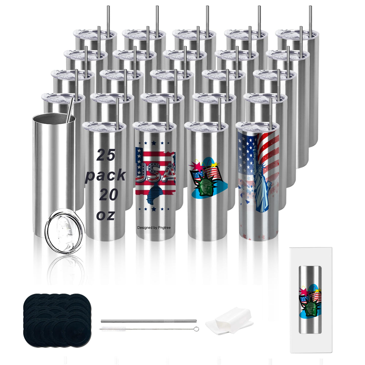 JKGTKC 25pack 20oz sublimation straight tumbler bluk double wall stainless steel vacuum cup with metal straw and silding lid for wholesale banks for DIY gift (silver) JKGTKC
