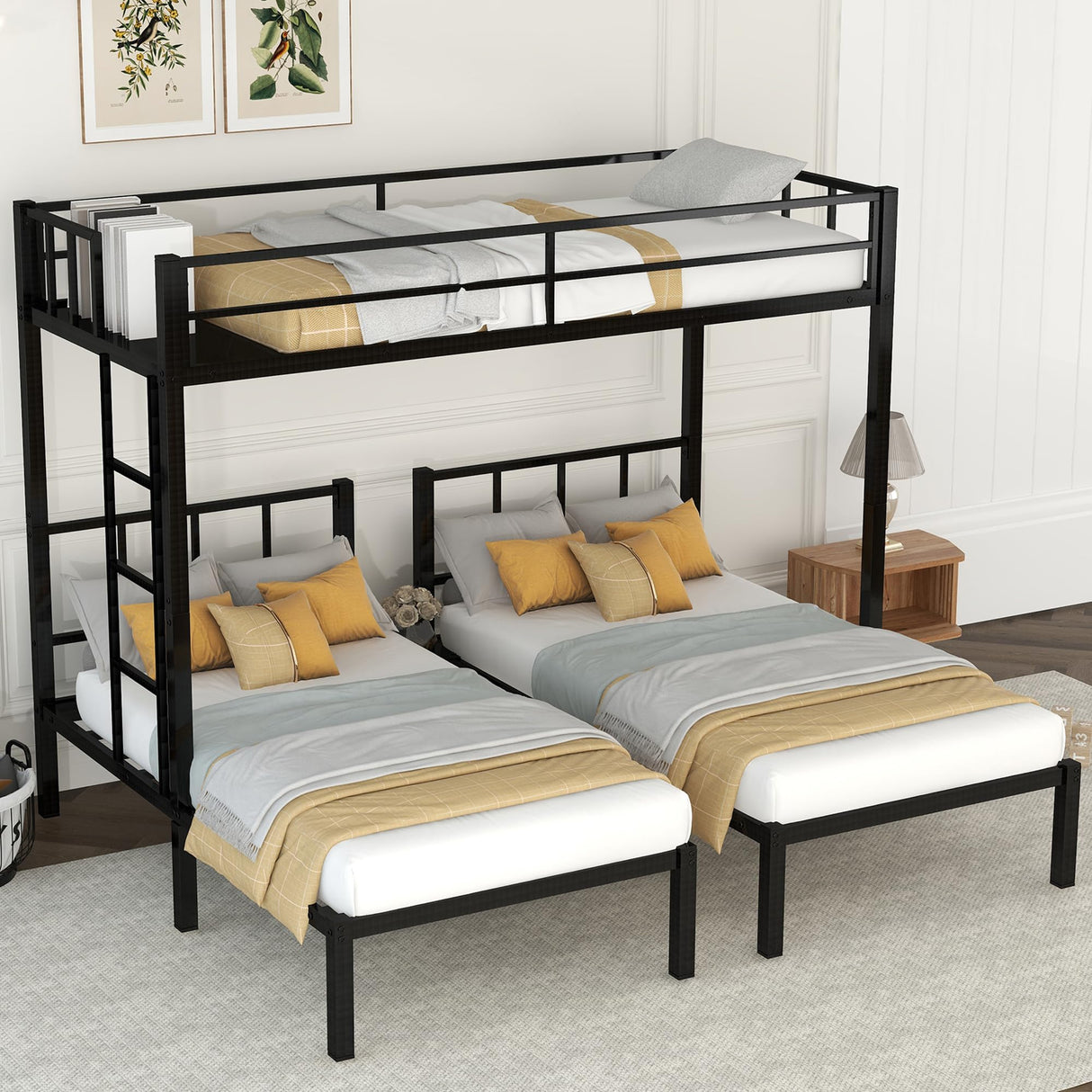 Bellemave Twin Over Twin Over Twin Bunk Bed for 3 Kids, Heavy Duty Triple Bunk Bed with Guardrails and Ladder, Twin Over Twin Over Twin Triple Bunk for Kids, Teens, Black Bellemave