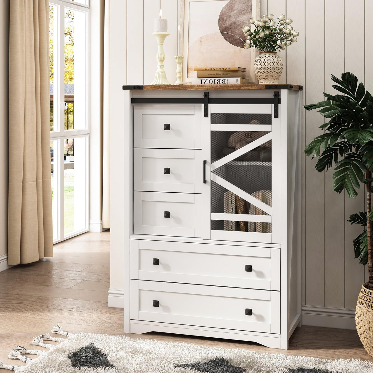 Vabches 5 Drawer Dresser, Sliding Barn Door, Farmhouse Tall Dresser Tall Chest of Drawers Storage Organizer Dresser for Bedroom Living Room, Entryway, White Vabches