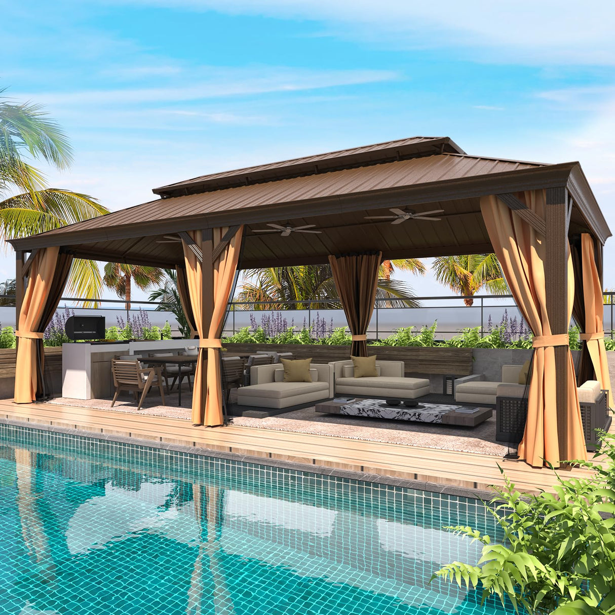 MELLCOM 12' x 22' Hardtop Gazebo,Galvanized Steel Metal Double Roof Aluminum Gazebo with Curtain and Netting,Brown Permanent Pavilion Gazebo with Aluminum Frame for Patios,Gardens,Lawns MELLCOM