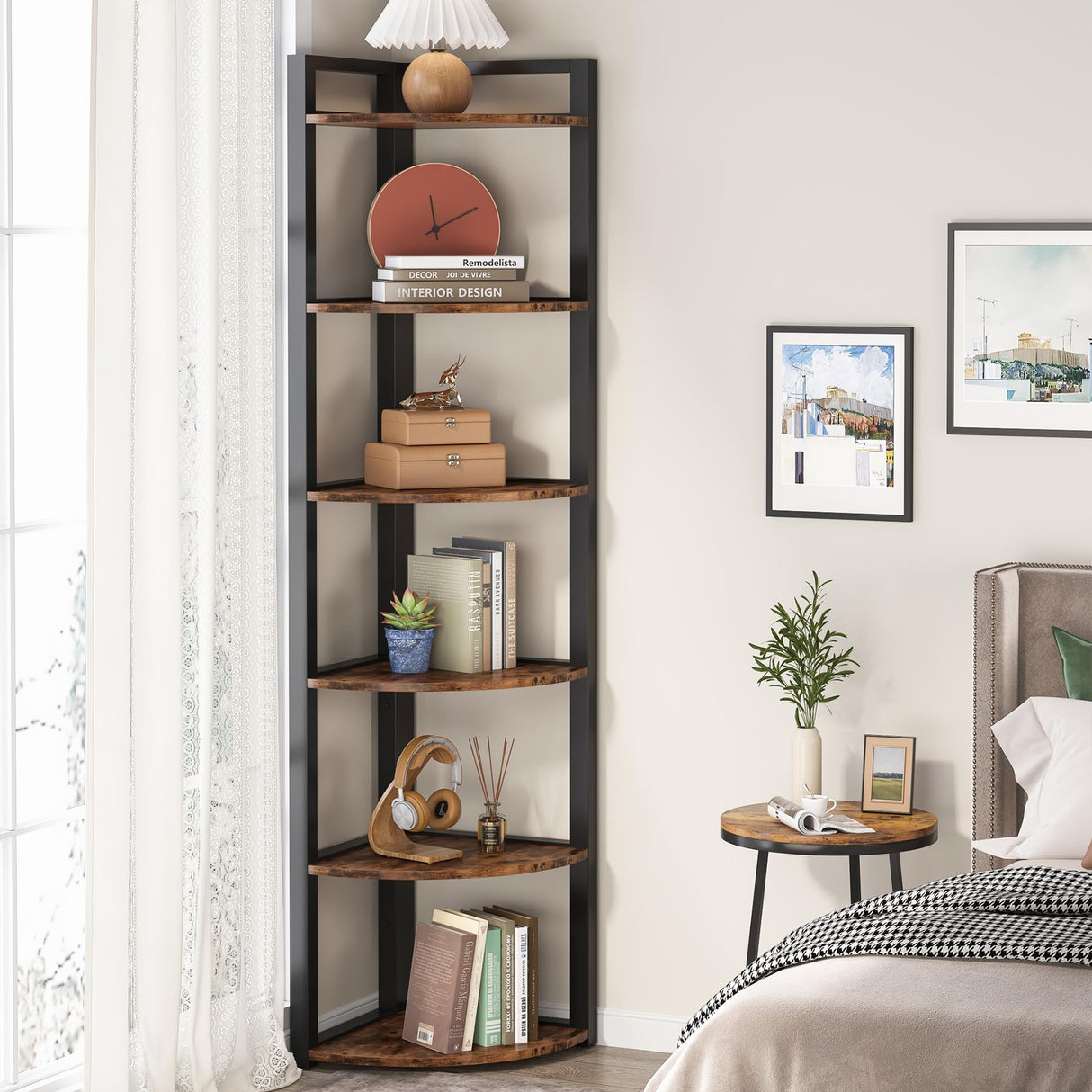 Versatile 6 Tier Rustic Corner Shelf Unit – 70.9 Inch Tall Storage Rack for Living Room, Home Office, and Small Spaces Tribesigns
