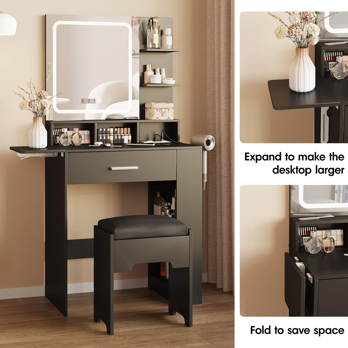 Vabches Makeup Vanity with Mirror and Lights, Small Vanity Desk with with Drawer Lots Storage, Vanity Set with Storage Drawer, Chair and Three Shelves, Black Vabches