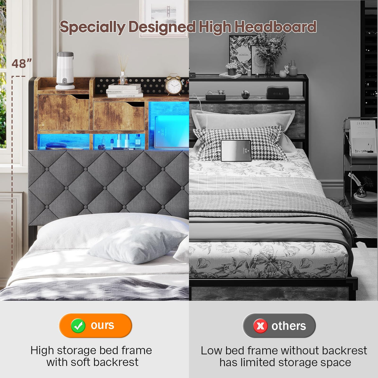 busyaeh King Size Bed Frame with Upholstered Storage Headboard, King Bed Frame with Smart LED Lights, Camas King Bed with Charging Station,Noise-Free, Metal Support, No Box Spring Needed, Gray busyaeh