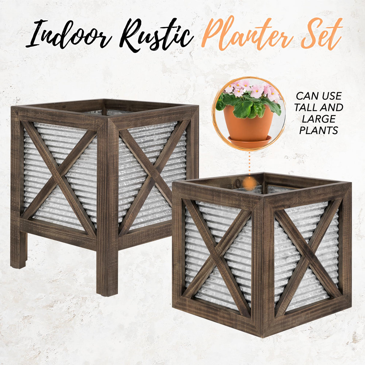 Autumn Alley Farmhouse Front Porch Planters Set of 2 Stand with Galvanized Corrugated Metal Planters for Outdoors/Indoors - Rustic Wood Square Planters Box on Legs – Charming Farmhouse Décor, Brown Autumn Alley