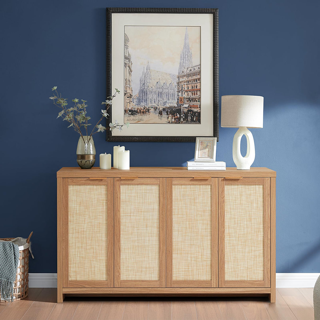 OAKHAM HOME Hampstead Rattan 4-Door Storage Sideboard Cabinets with Adjustable Shelves, Boho Accent Buffet Cupboard Console for Kitchen, Living Room, and Hallway OAKHAM HOME