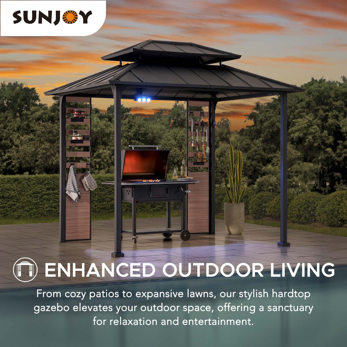 Sunjoy 7 x 9 ft. Grill Gazebo, 2-Tier Hardtop Gazebo Pergola with Ceiling Hooks and Storage Shelves, Matte Black Sunjoy