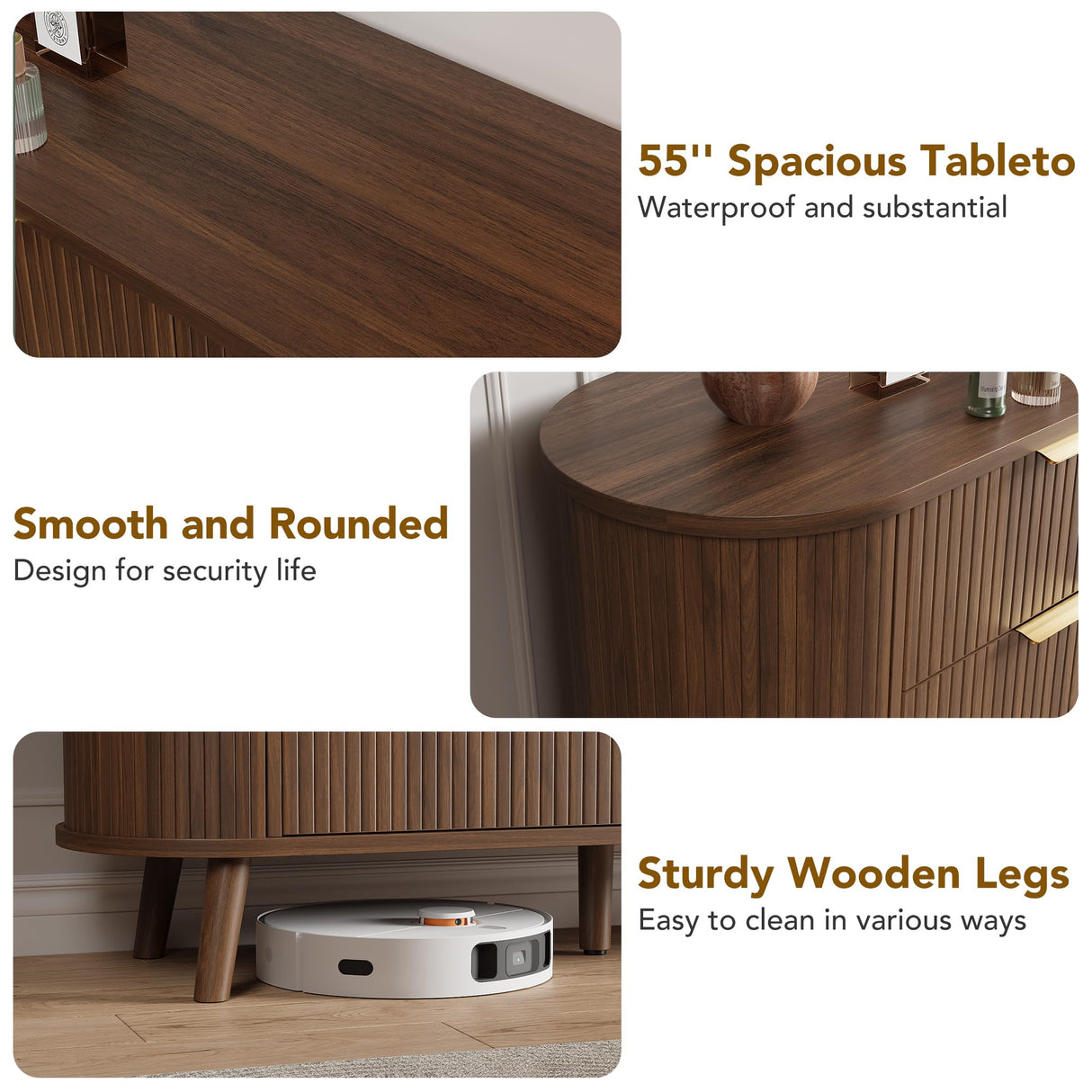 Decofy Fluted 6 Drawers Dresser, 55'' Wide Mid Century Modern Chest of Drawers with Sliding Door & Metal Handles, Curved Profile & Sturdy Legs, Wood TV Stand for Bedroom, Living Room (Walnut) Decofy