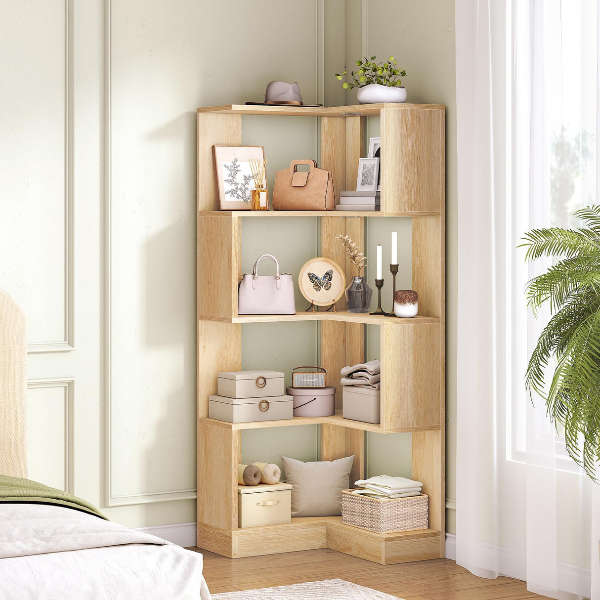 HOOBRO 5-Tier Corner Bookshelf, L-Shaped Corner Bookshelf, 55.3'' Tall Wooden Bookcase with Baffle, Freestanding Display Rack, for Living Room, Home Office, Natural NL50SJ01 HOOBRO