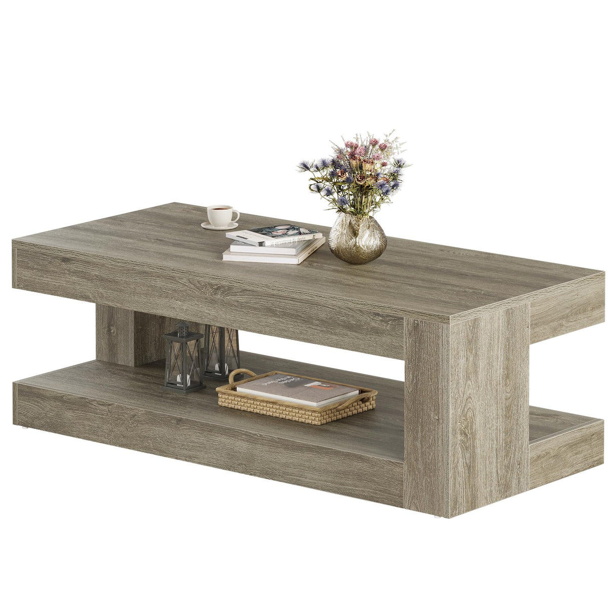Tribesigns Coffee Table for Living Room, 47.24 Inch Farmhouse 2-Tier Accent Center Tea Cocktail Table with Storage, Elegant Grey, Rectangular Tribesigns