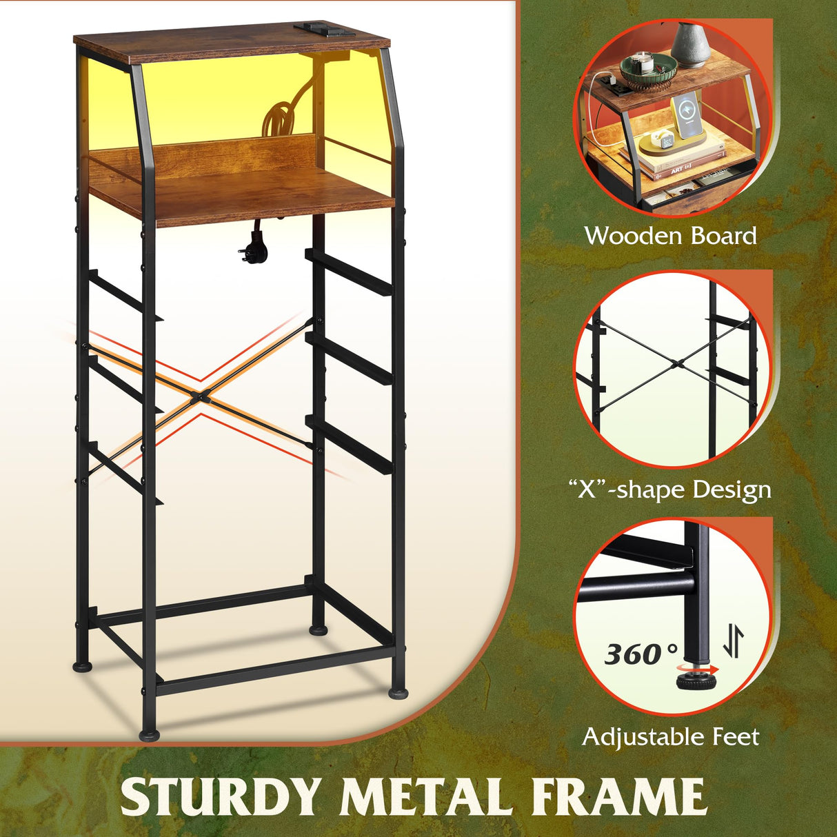 WLIVE 4 Drawer Dresser for Bedroom, Nightstand with Charging Station and Led Light, Tall Night Stand Bed Side Table, End Table with USB Ports and Outlets, Fabric Bins, Wood Shelf, Rustic Brown WLIVE