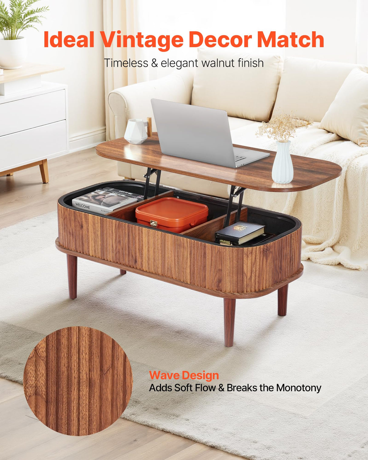 VEVOR Fluted Lift Top Coffee Table, Oval Walnut Coffee Table with 3 Hidden Compartment, Mid Century Modern Wood Center Table with Storage, Lift up Tabletop for Home Living Room Office, Easy Assembly VEVOR