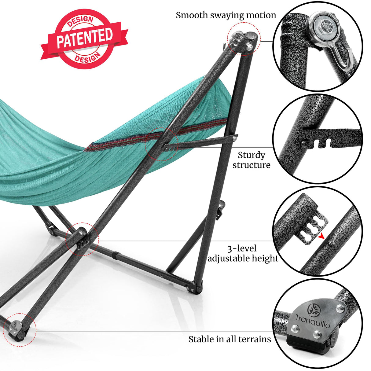 Tranquillo Double Hammock with Stand Included for 2 Persons/Foldable Hammock Stand 600 lbs Capacity Portable Case - Inhouse, Outdoor, Camping, Sky Tranquillo