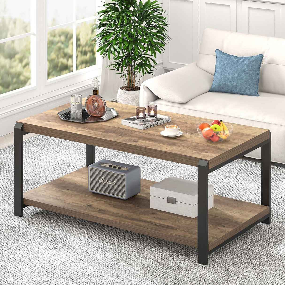 EXCEFUR Modern Coffee Table, Rustic Wood and Metal Center Table for Living Room, Industrial Rectangle Cocktail Tea Table with Storage, Oak EXCEFUR