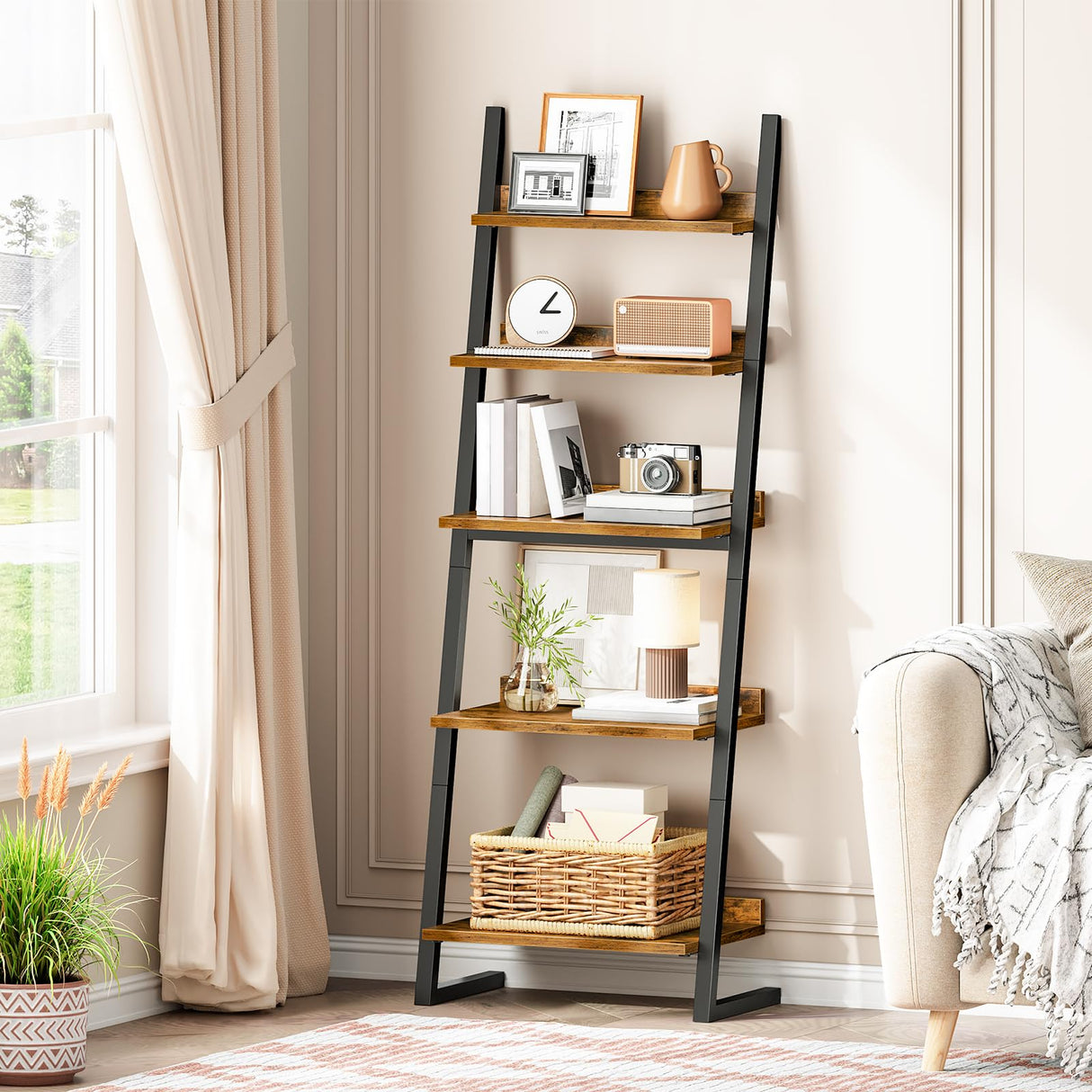 HOOBRO 5-Tier Bookcase, Narrow Ladder Shelf, Small Bookshelf, Corner Storage Shelf, Small Display Organizer for Living Room, Study, Balcony, Bedroom, Rustic Brown and Black BF150CJ01 HOOBRO