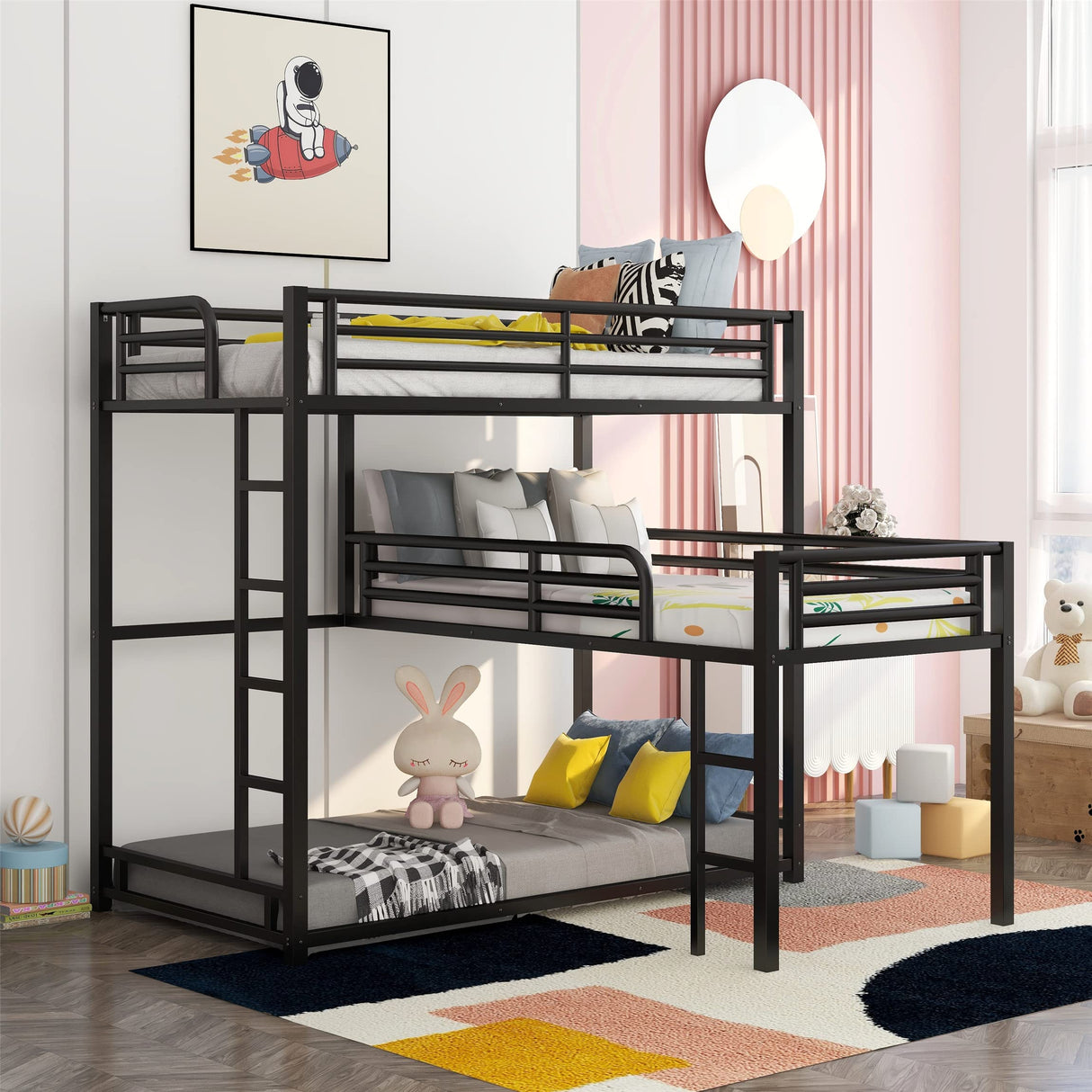 Metal Triple Bunk Bed Twin Size, L-Shaped Metal Triple Bunk Bed Frame, 3 Beds Bunk Bed for Kids Teens Adults - Black Merax