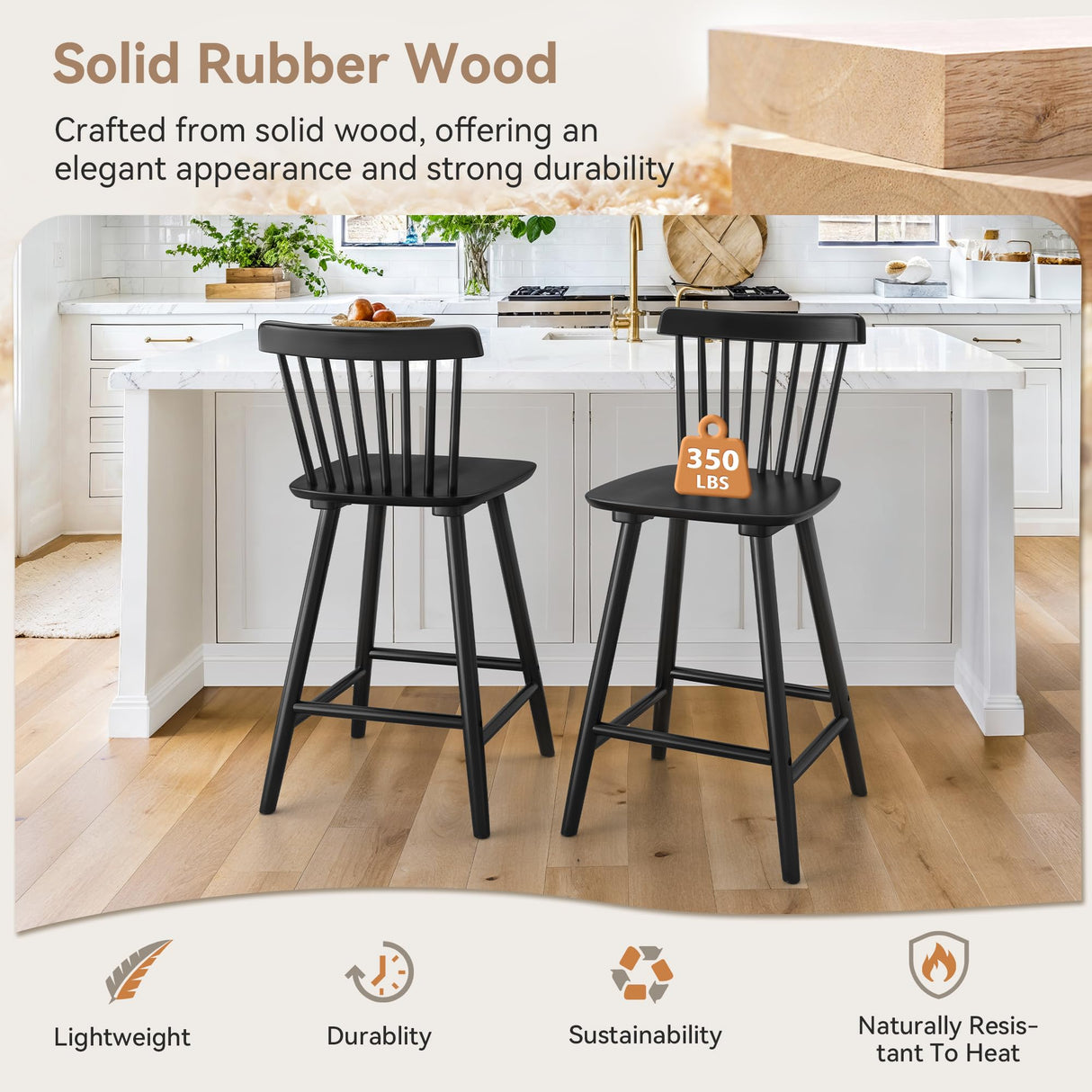 LUE BONA Upgraded Windsor Wooden Black Bar Stools Set of 4, 24 Inch Counter Height Barstools with Spindle Back/Bigger Seat for Kitchen Island LUE BONA