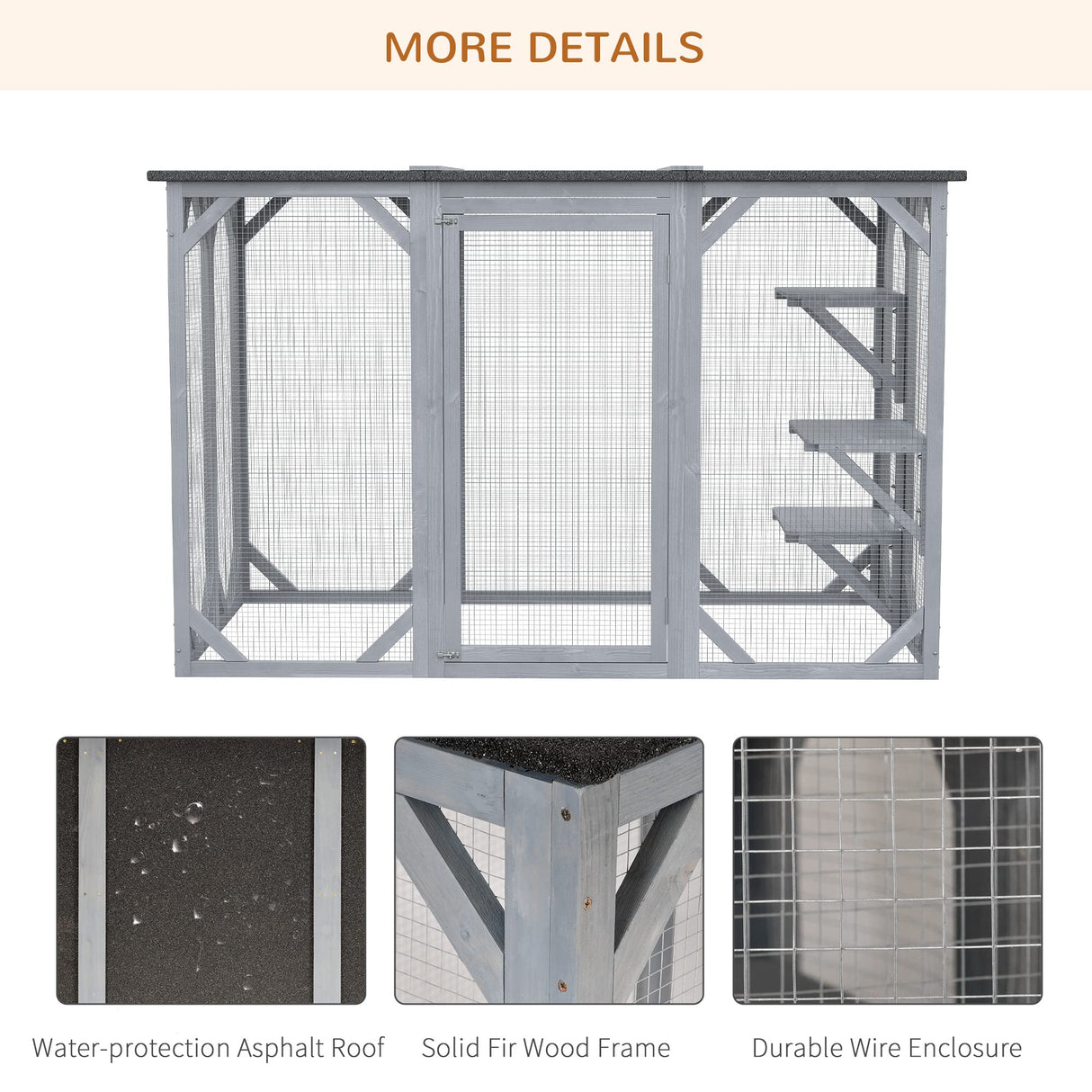 PawHut Outdoor Cat House, Catio Wooden Feral Cat Shelter, Cat Cage with Platforms, Large Enter Door, Weather Protection Asphalt Roof, 71" L, Gray PawHut