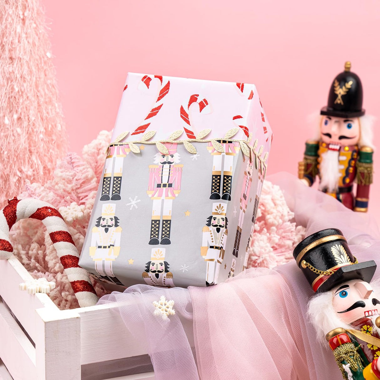 WRAPAHOLIC Reversible Nutcracker Christmas Wrapping Paper - Mini Roll - 17 Inch x 33 Feet - Nutcracker and Candy Cane Design Printed on Pearlized Paper for Chrsitmas, Holiday, Party Celebration WRAPAHOLIC